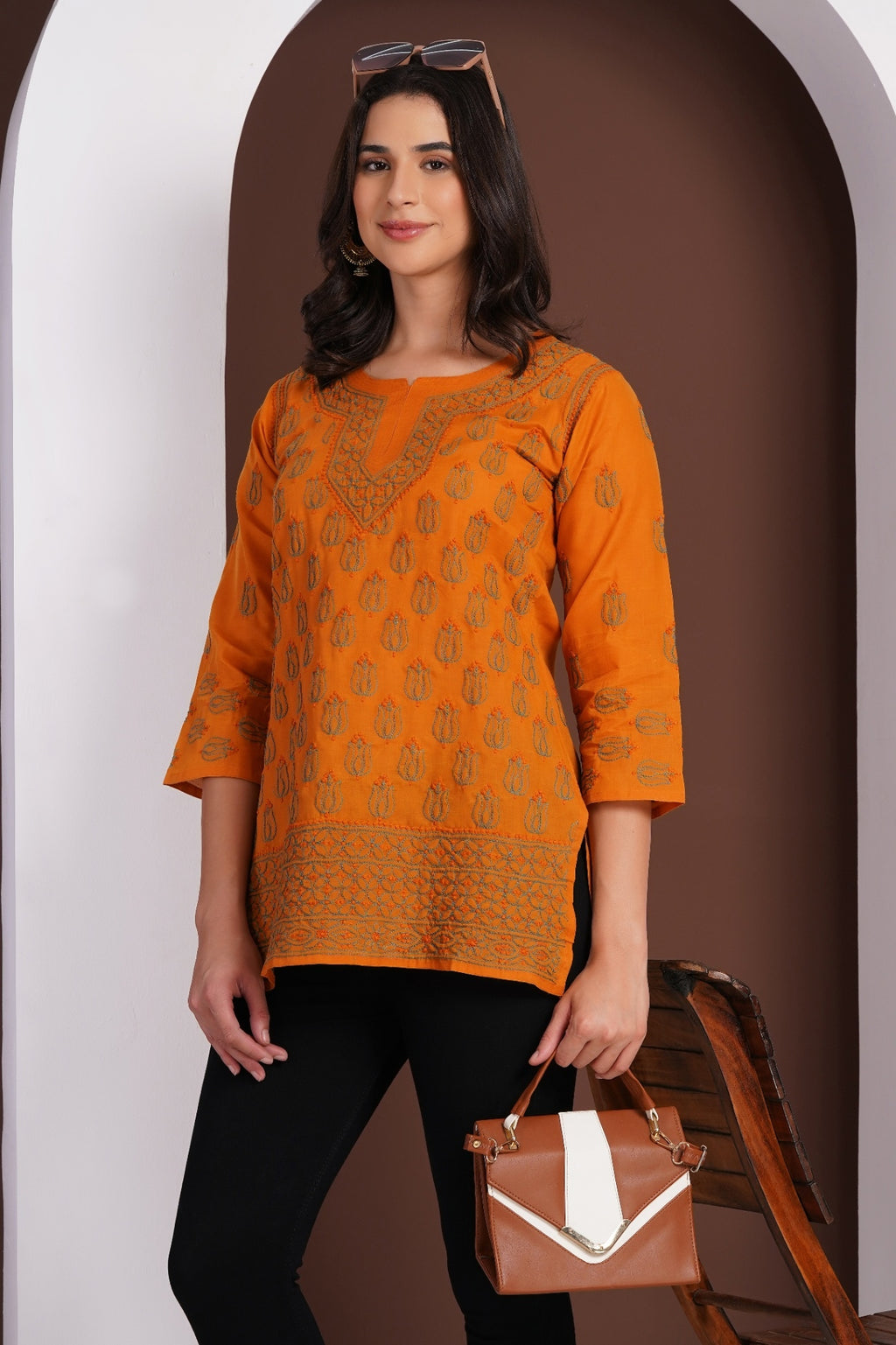 Karigiri Mustard Yellow Chikankari Hand Embroidered Pure Cotton Short Kurti, 3/4 Sleeve, Ethnic Casual Wear
