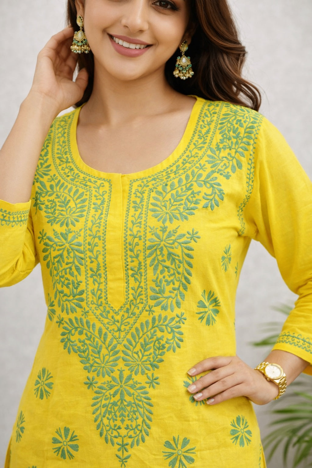 Karigiri Yellow Lucknowi Chikankari Short Hip Length Kurti with Green Thread Work, Hand Embroidered Pure Cotton, Straight Fit, Three-Quarter Sleeves, Round Neck