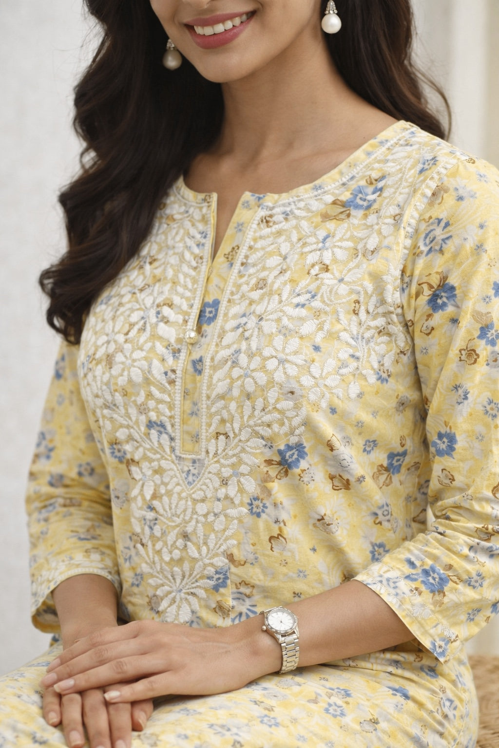 Karigiri Yellow Lucknowi Chikankari Hand Embroidered Long Kurti, Straight Fit, Calf Length, Floral Printed Cotton Fabric, Three-Quarter Sleeves, Round Neck