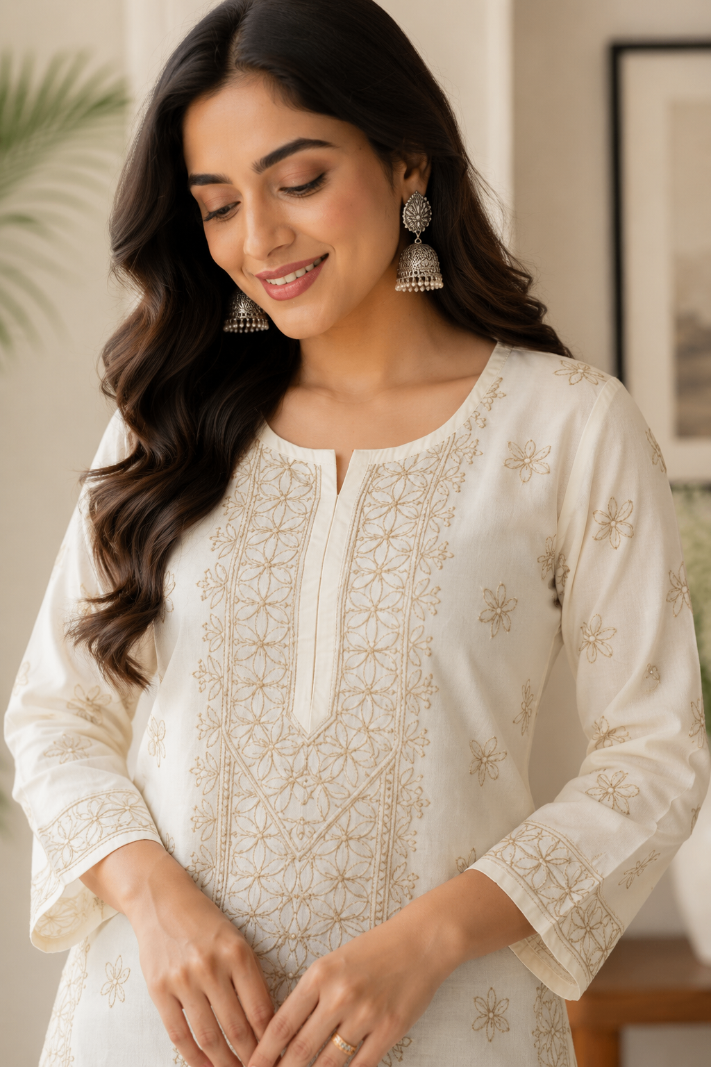 Karigiri Off-White Chikankari Cotton Long Kurti_KF0135