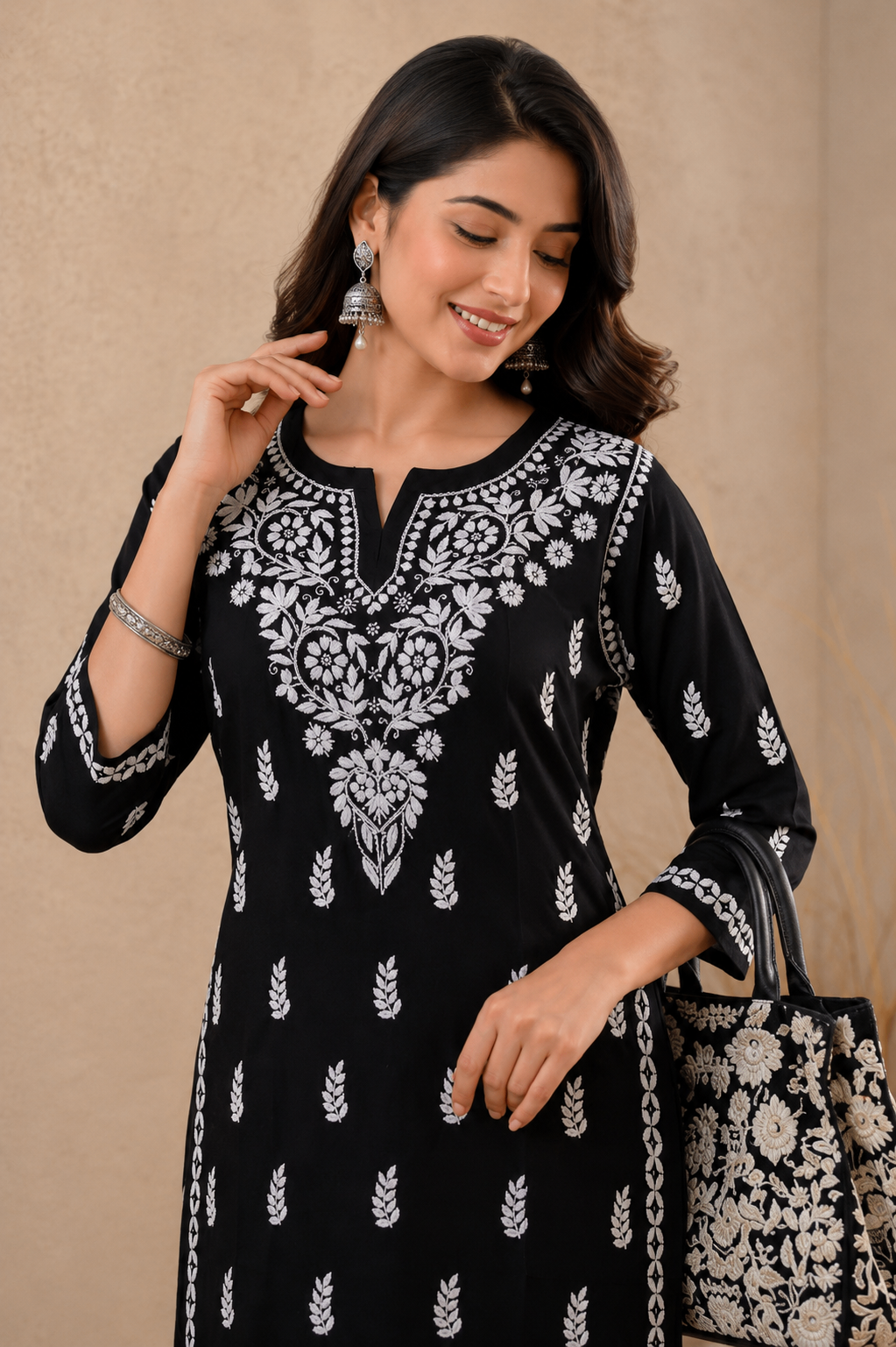Karigiri Black Lucknowi Chikankari Hand Embroidered Soft Mulmul Cotton Straight Kurti for Women_KFB0412