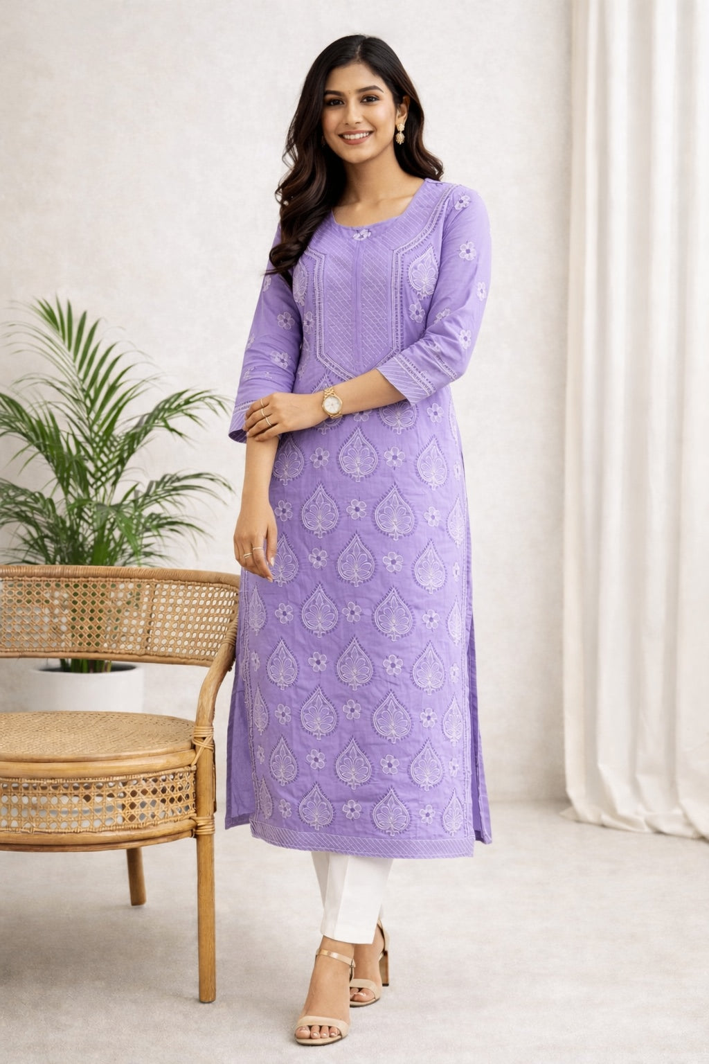 Karigiri Lavender Lucknowi Chikankari Cotton Kurti for Women_KF0089