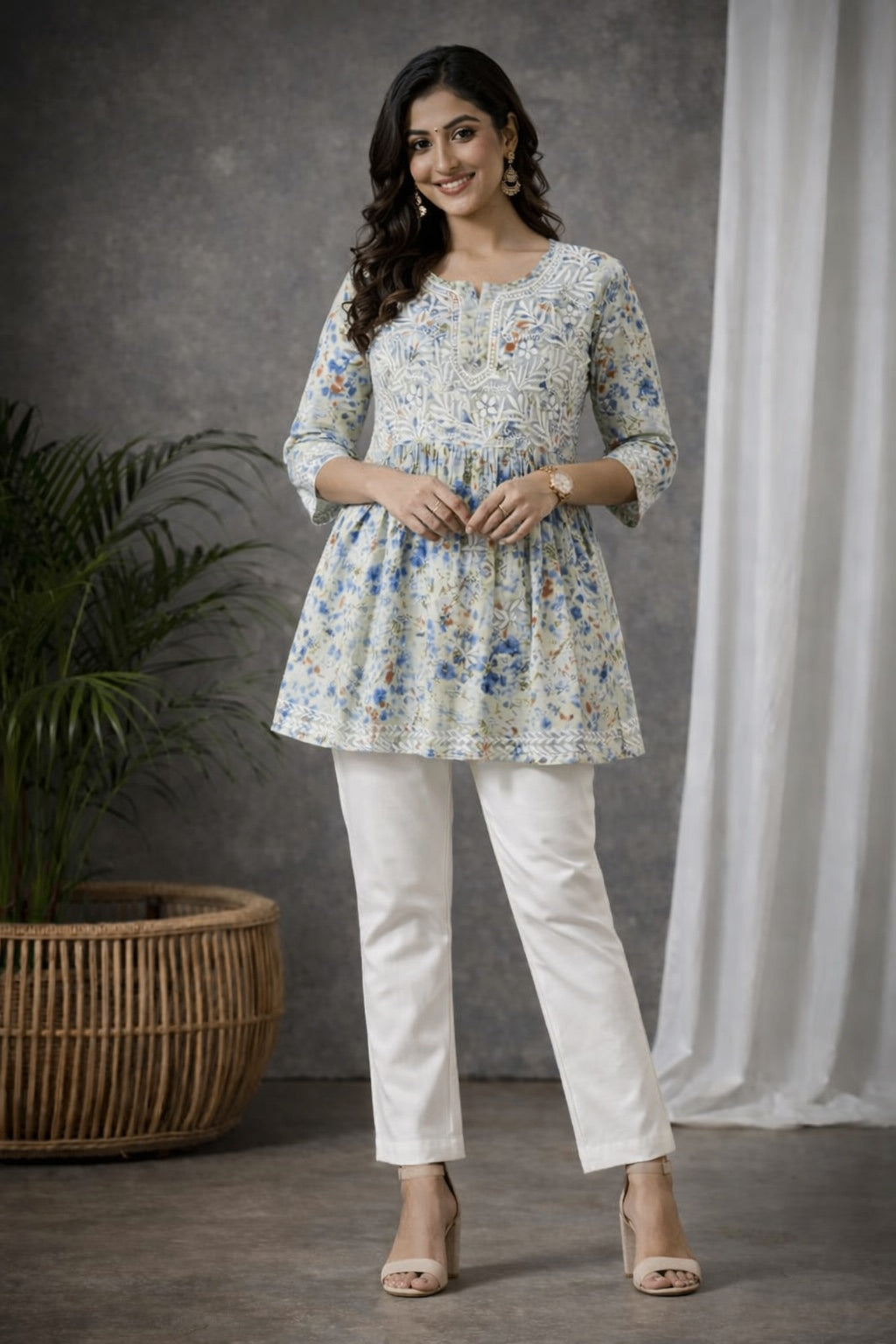 Karigiri Chikankari Printed Cotton Flared Short Kurti_KF0046