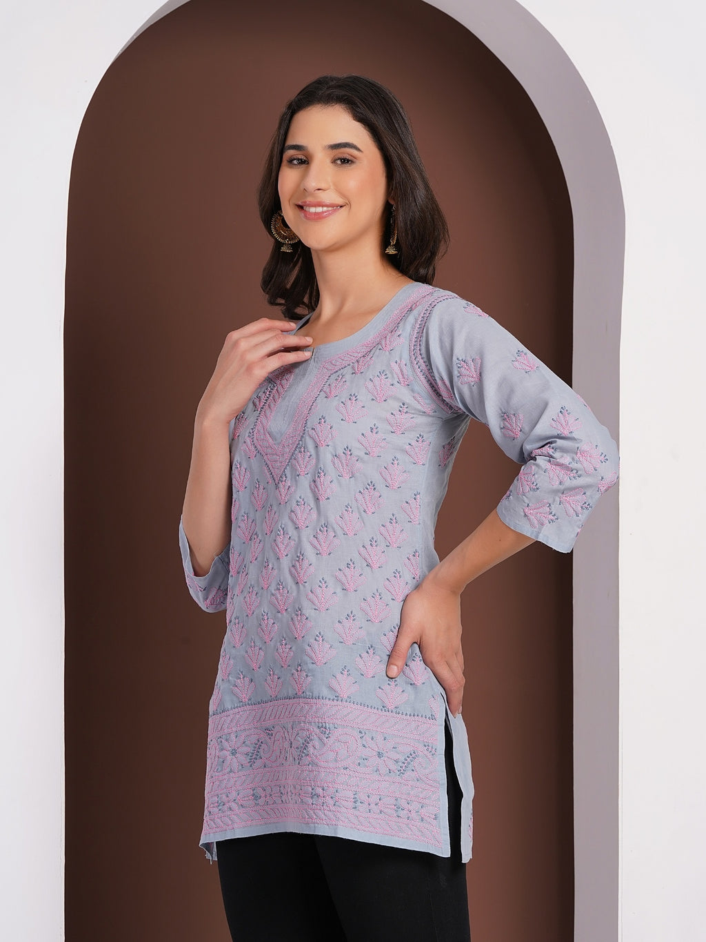 Karigiri Lucknowi Chikankari Hand Embroidered Pure Cotton Gray Short Kurti, 3/4 Sleeve, Ethnic Wear for Women