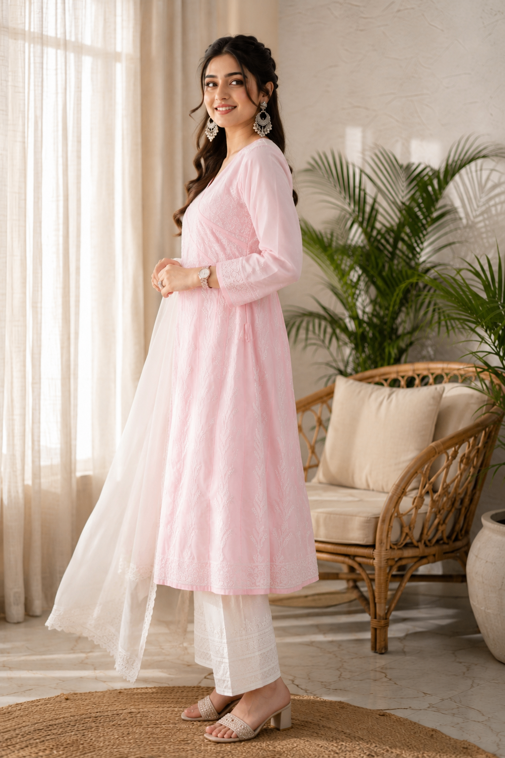 Karigiri Baby Pink Hand Embroidered Chikankari Cotton Anarkali Kurti