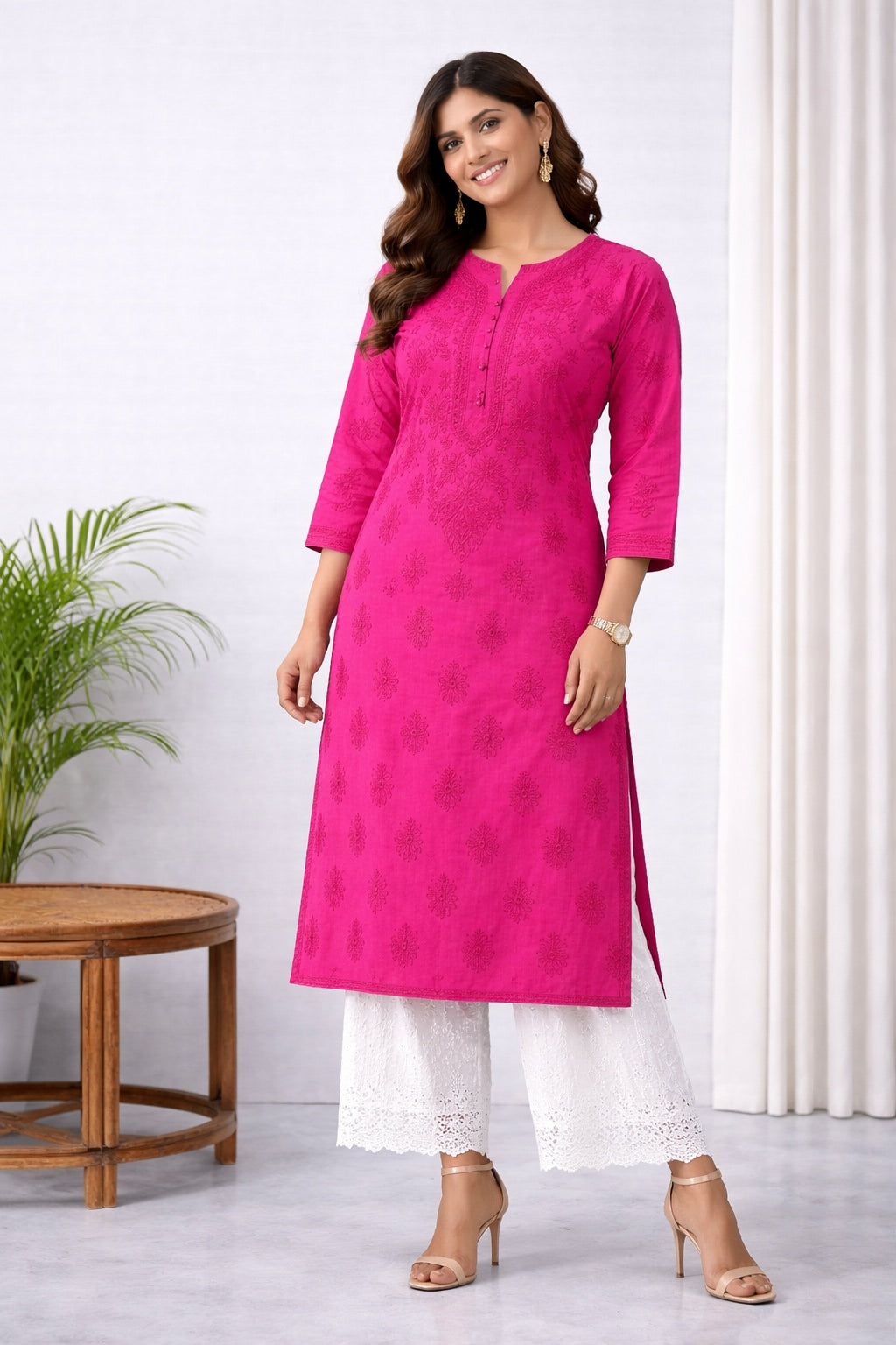 Karigiri Fuchsia Pink Chikankari Cotton Kurti_KF0050