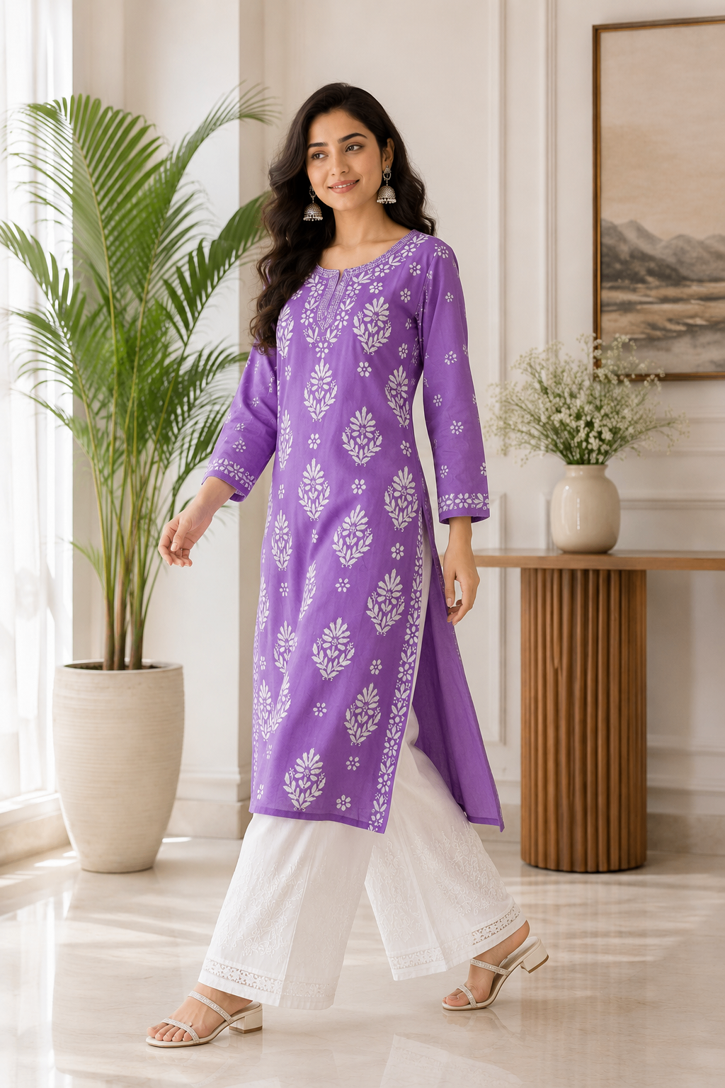 Karigiri Purple Chikankari Soft Mulmul Cotton Kurti_KF0161