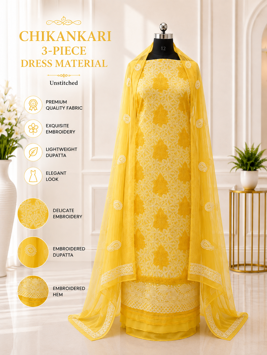 Karigiri Mustard Yellow Chikankari Georgette 3-Piece Dress Material