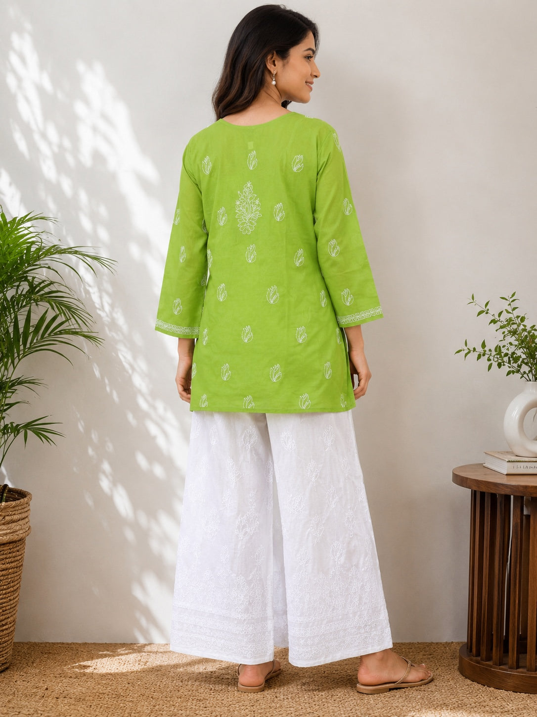 Karigiri Lime Green Floral Chikankari Cotton Short Kurti_KF0300