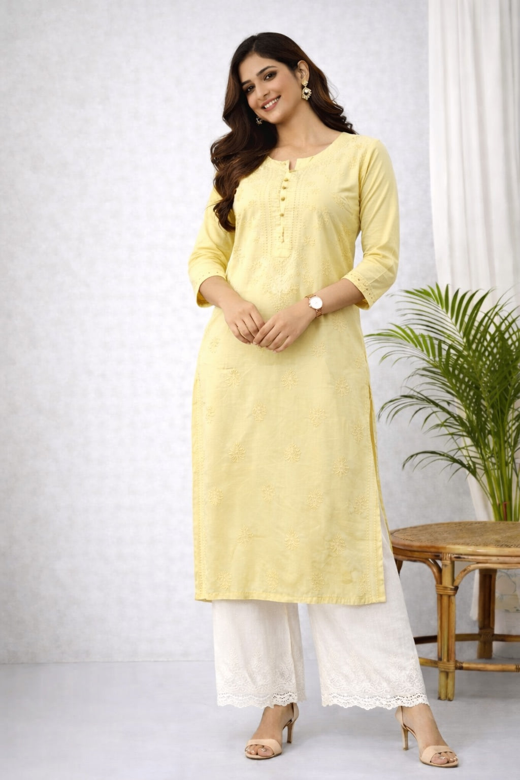 Karigiri Pastel Yellow Chikankari Cotton Kurti_KF0103
