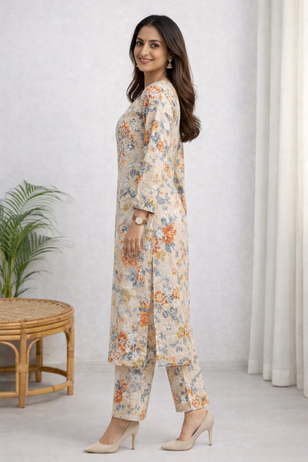 Karigiri Beige Lucknowi Chikankari Kurti Set_KF0006