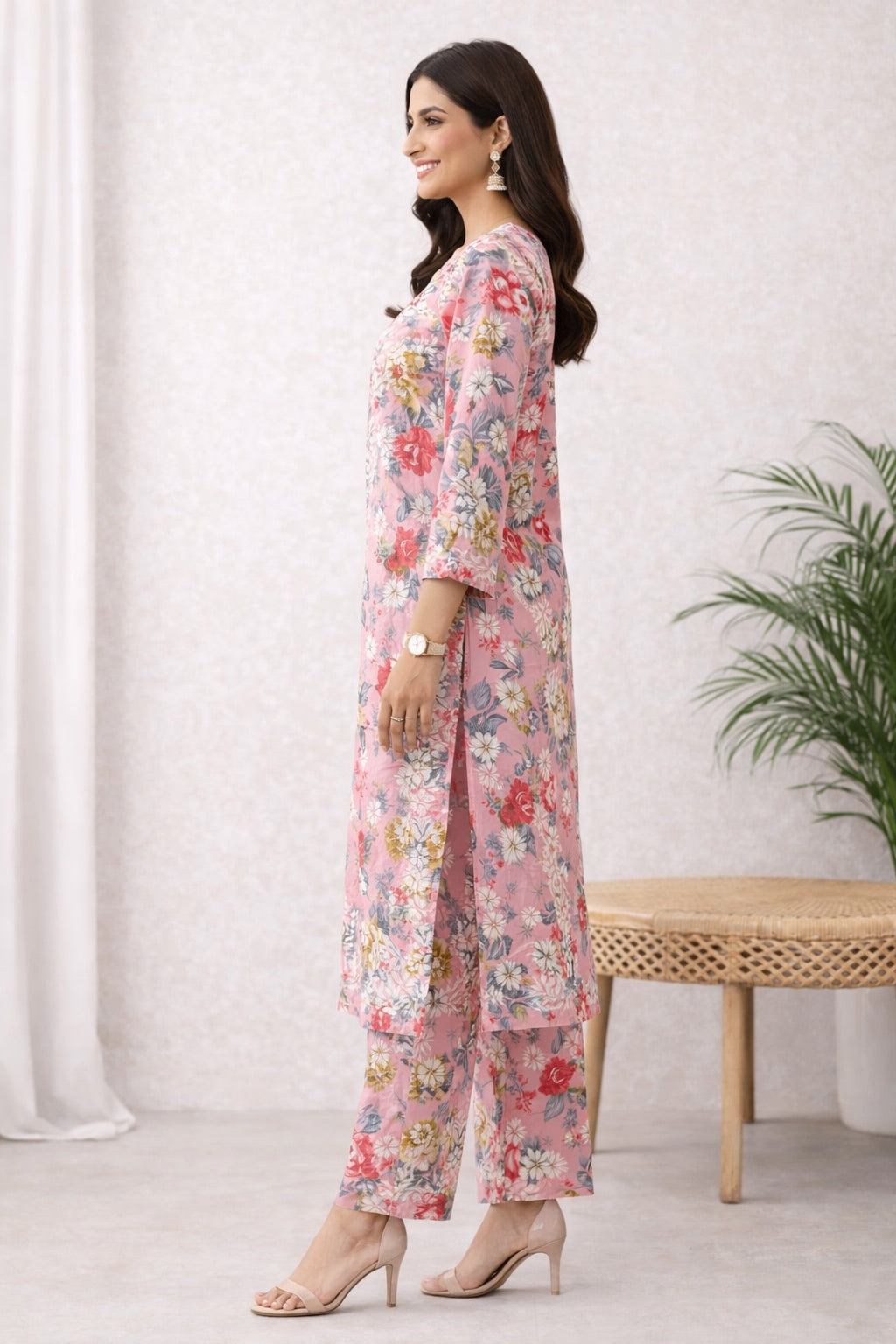 Karigiri Peach Floral Chikankari Printed Cotton Kurti Set_KF0141