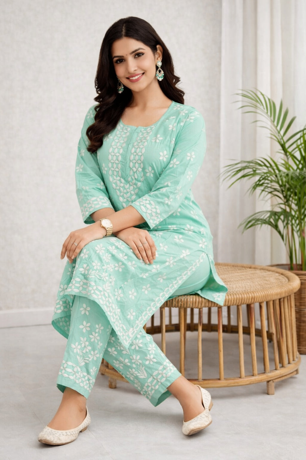 Karigiri Mint Green Chikankari Cotton Kurti Set_KF0126