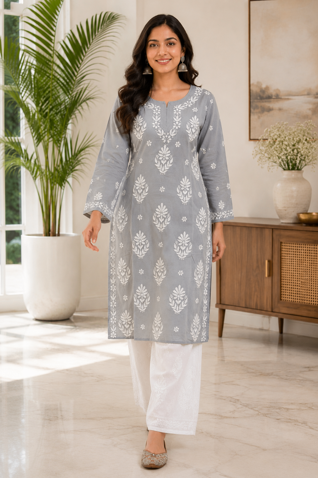 Karigiri Grey Mulmul Cotton Chikankari Kurti Women_KF0040