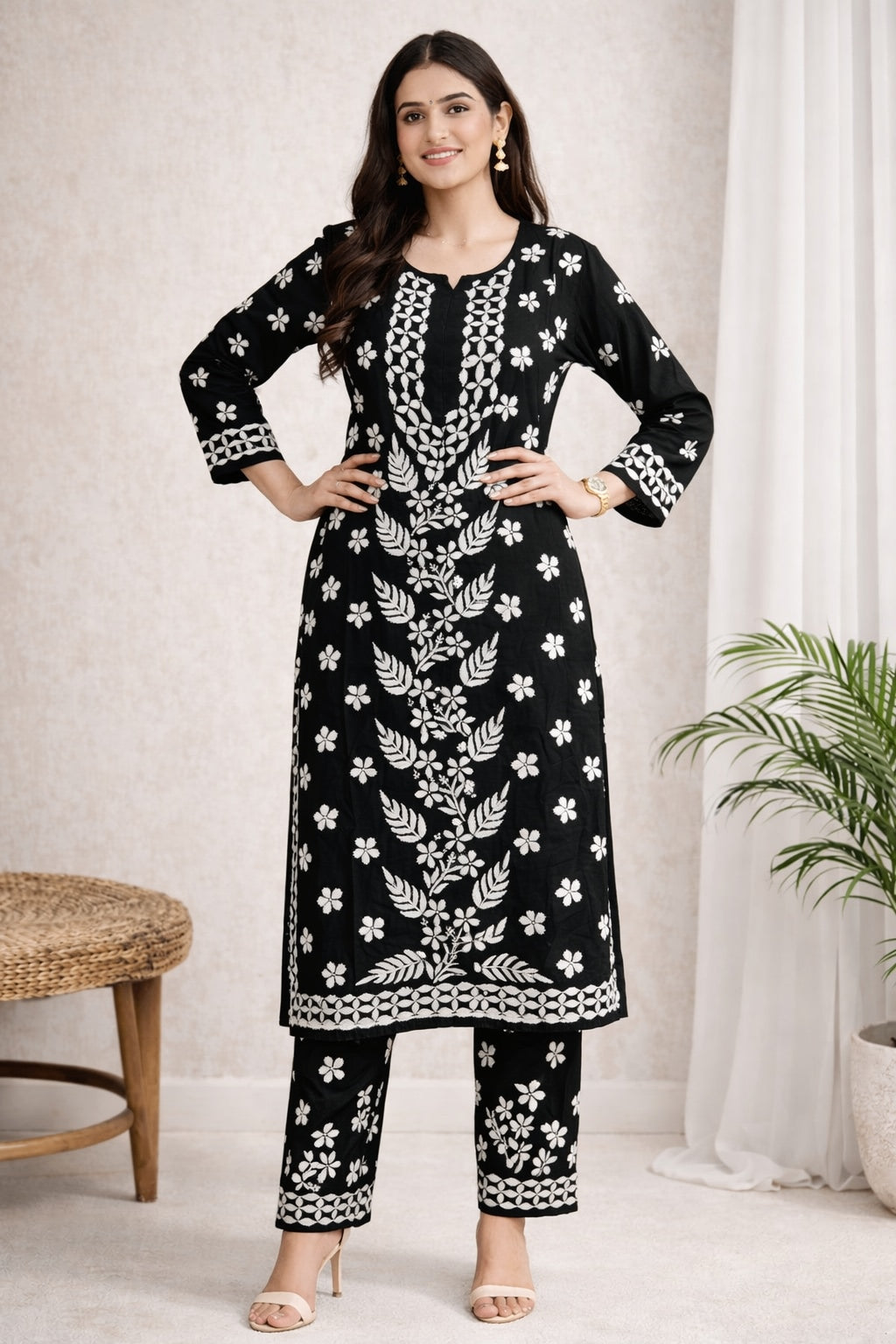 Karigiri Black White Chikankari Cotton Kurti Set_KF0008