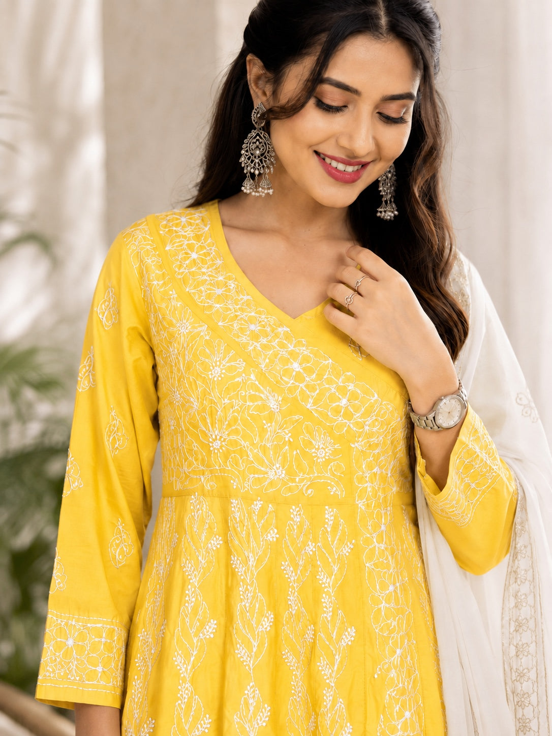 Karigiri Sunshine Yellow Hand Embroidered Chikankari Cotton Anarkali Kurti