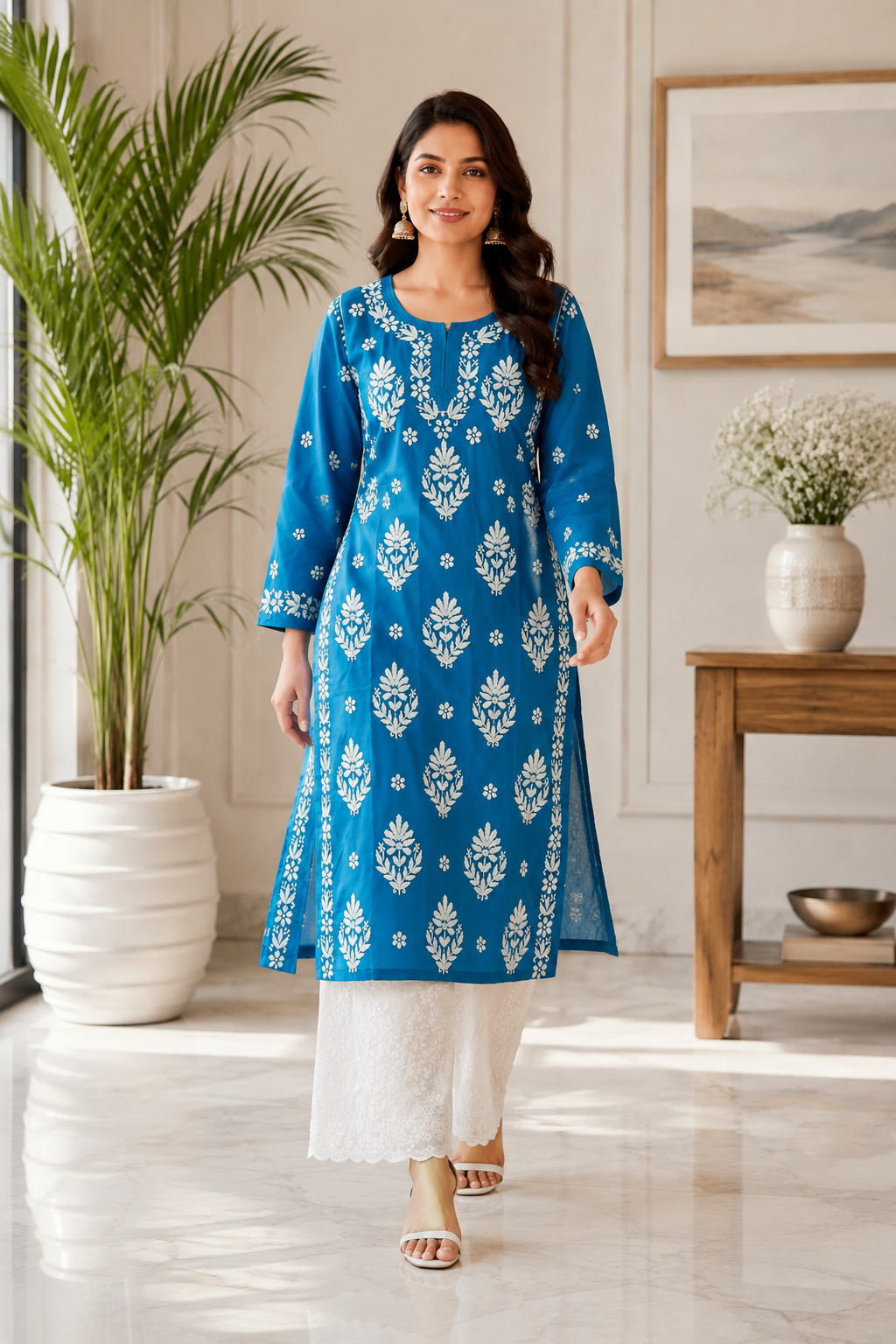 Karigiri Royal Blue Chikankari Mulmul Cotton Kurti_KF0174