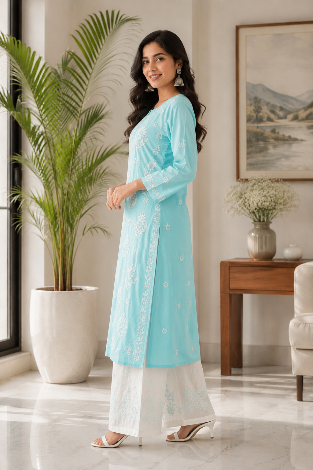 Karigiri Powder Blue Chikankari Cotton Kurti_KF0159