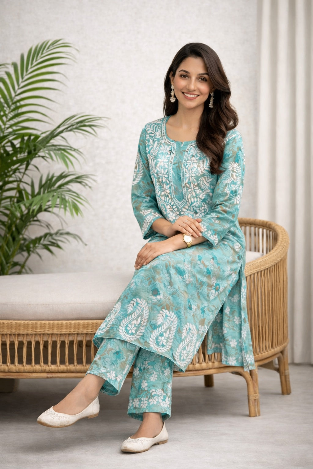 Karigiri Sea Green Floral Chikankari Kurti Set Printed Cotton_KF0166