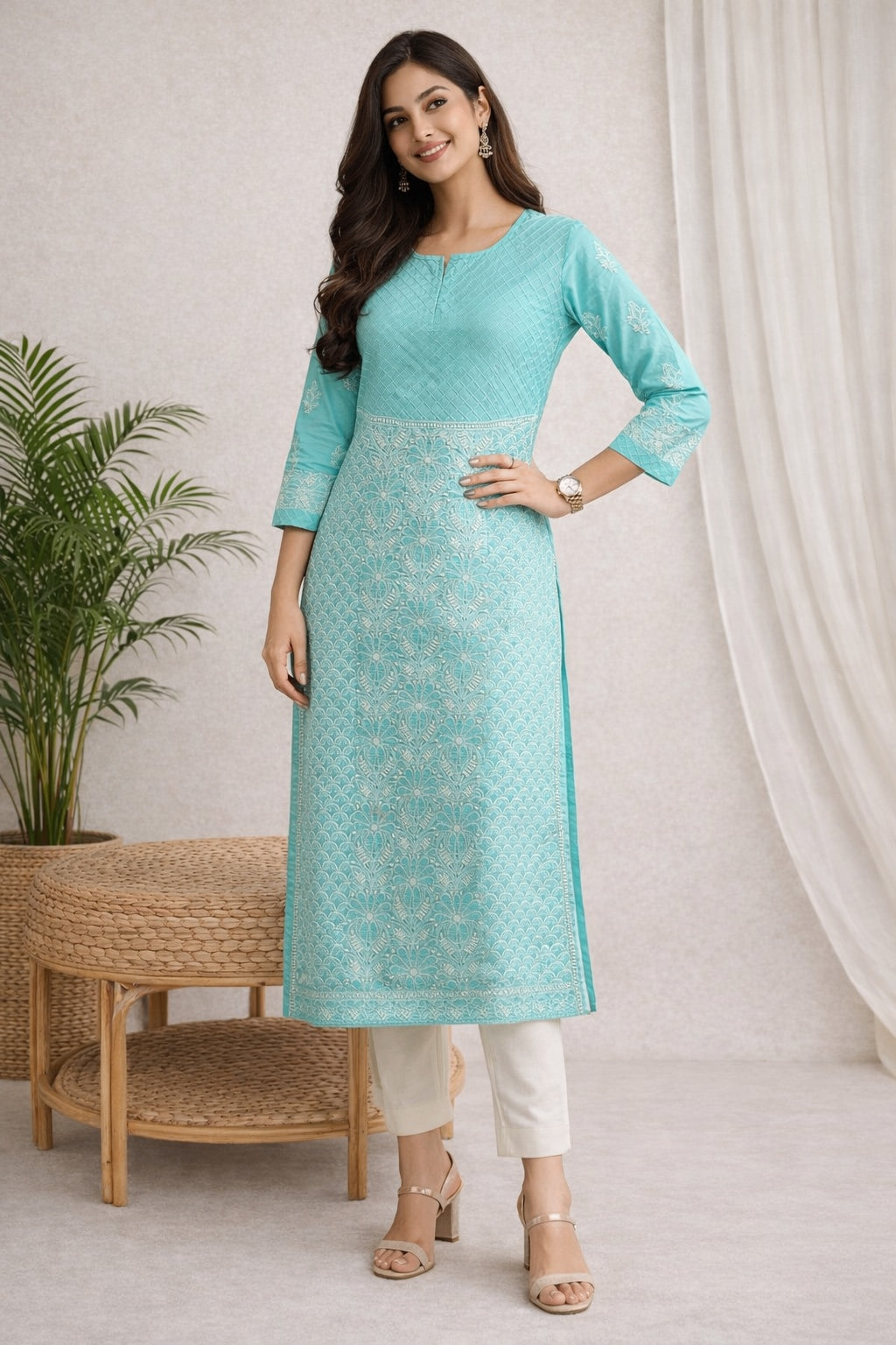 Karigiri Sea Green Chikankari Cotton Front Allover work Kurti, Women_KF0072