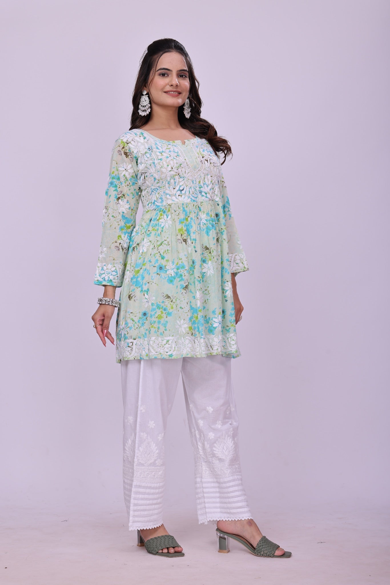 Karigiri Green Floral Chikankari Frock Style Short Kurta_KF0122