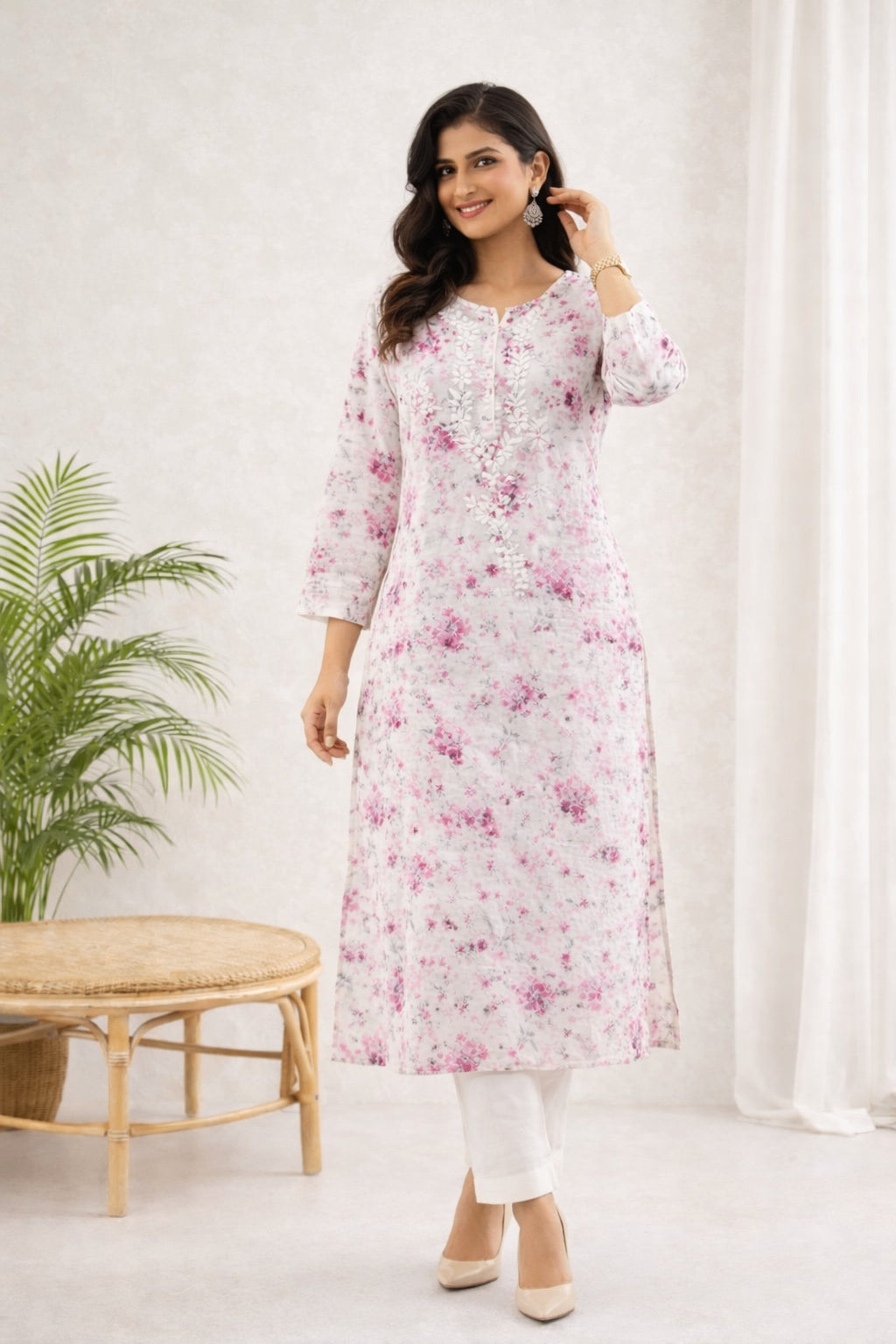 Karigiri Off-White Pink Floral Printed Cotton Chikankari Kurta_KF0216