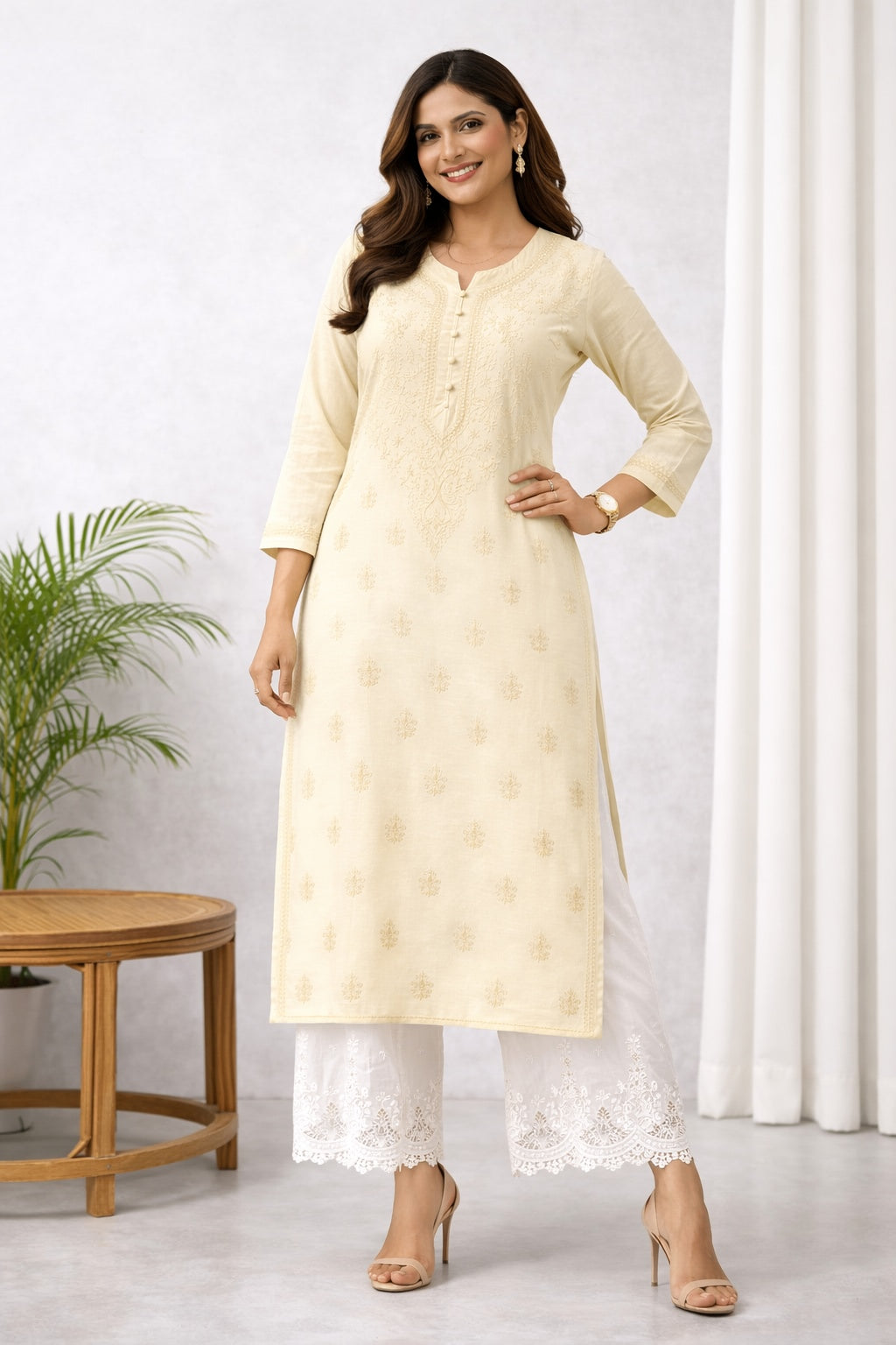 Karigiri Ivory Chikankari Cotton Kurti Women_KF0078