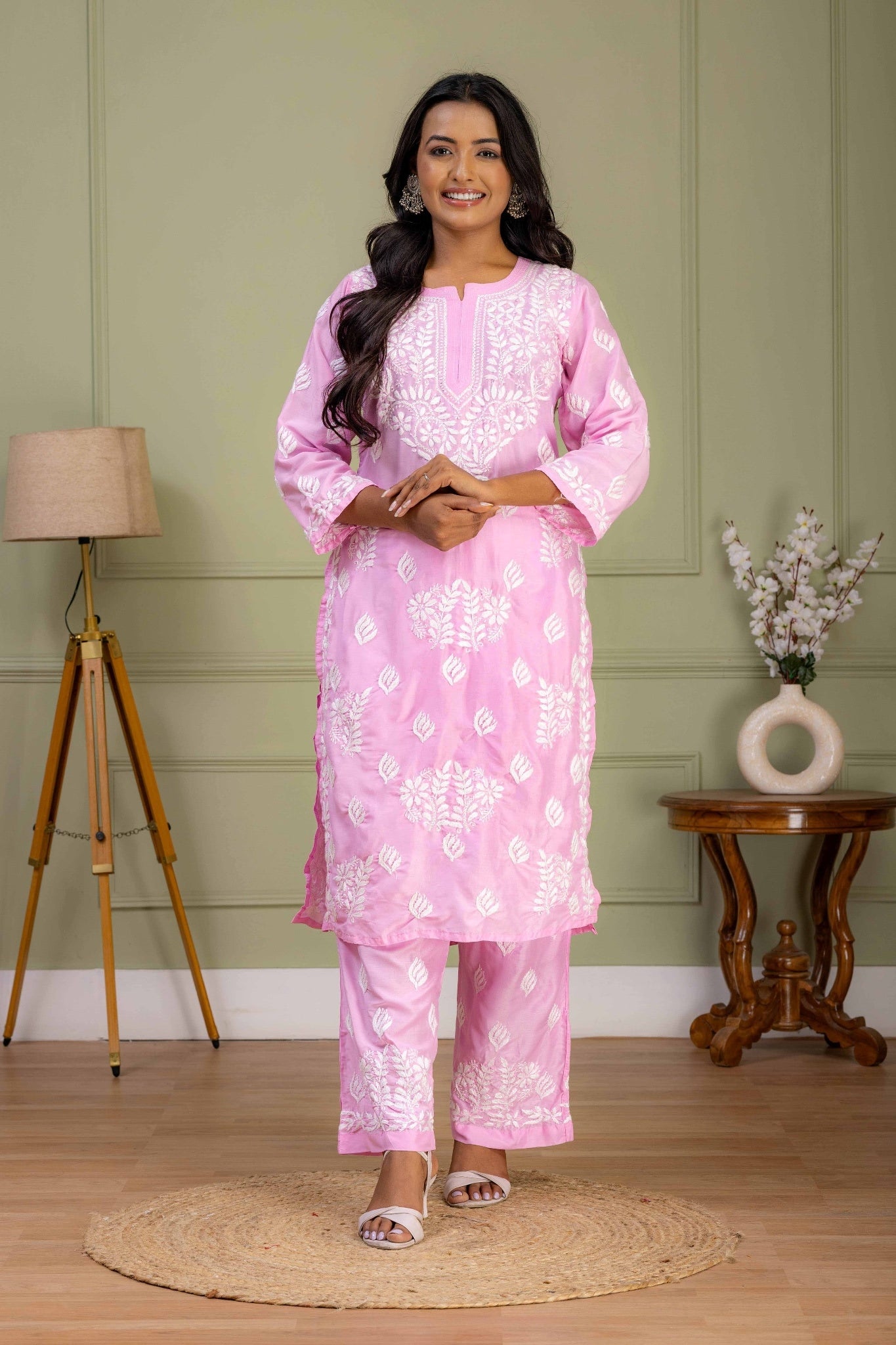 Karigiri Baby Pink Chikankari Hand Embroidered Muslin Kurti Set with White Floral Motifs, 3/4 Sleeves