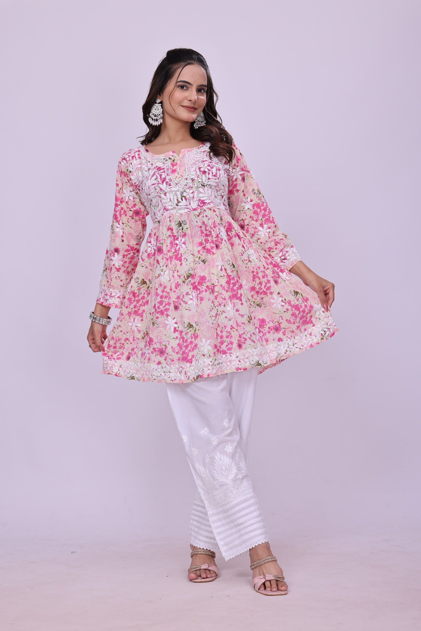 Karigiri Pink Floral Chikankari Frock Style Short Kurti for Women_KF0123