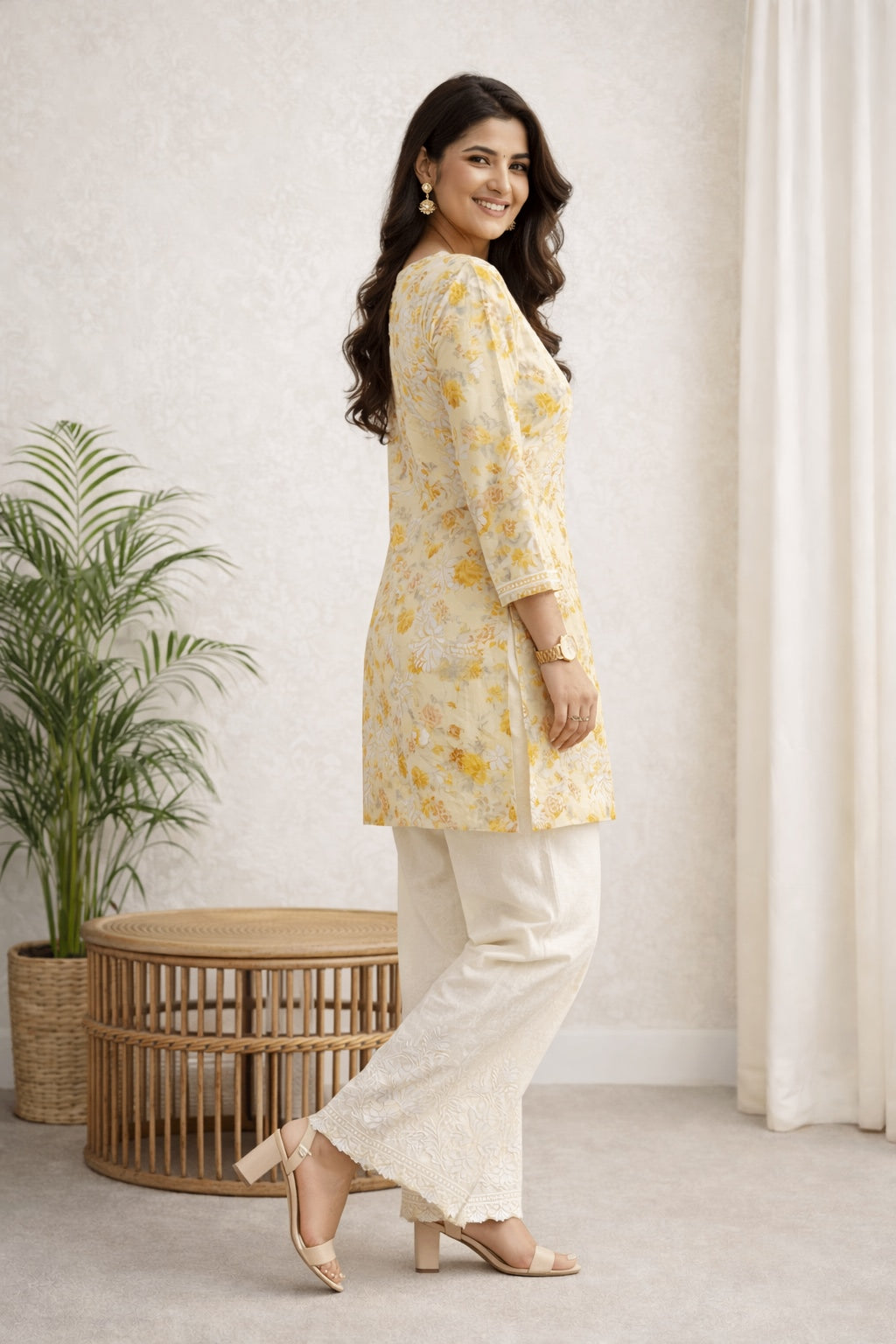Karigiri Yellow Floral Chikankari Printed Cotton Short Kurti_KF0131
