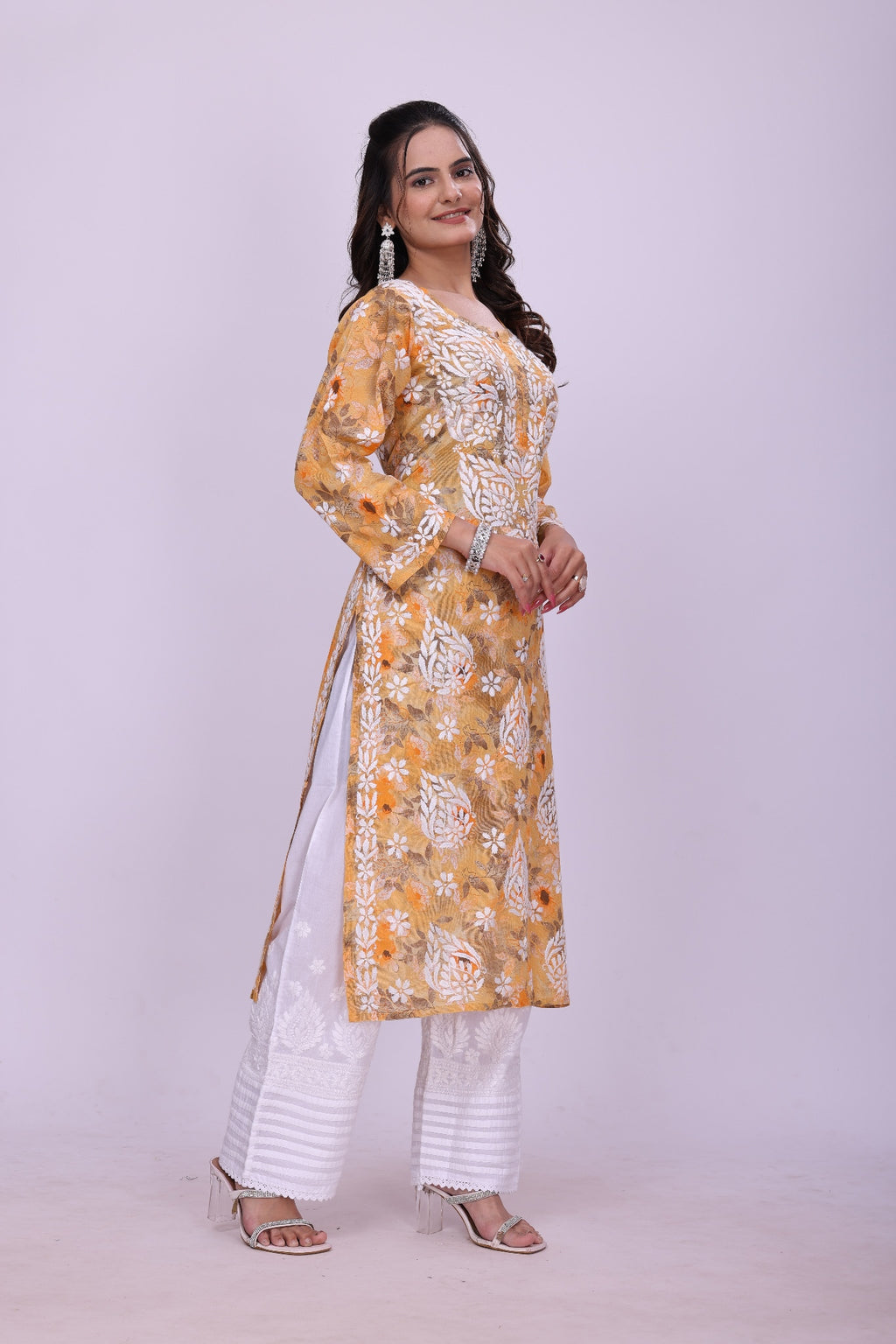 Karigiri Mustard Yellow Chikankari Printed Cotton Kurta_KF0220