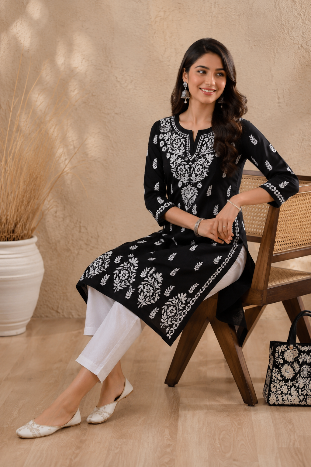 Karigiri Black Lucknowi Chikankari Hand Embroidered Soft Mulmul Cotton Straight Kurti for Women_KFB0412
