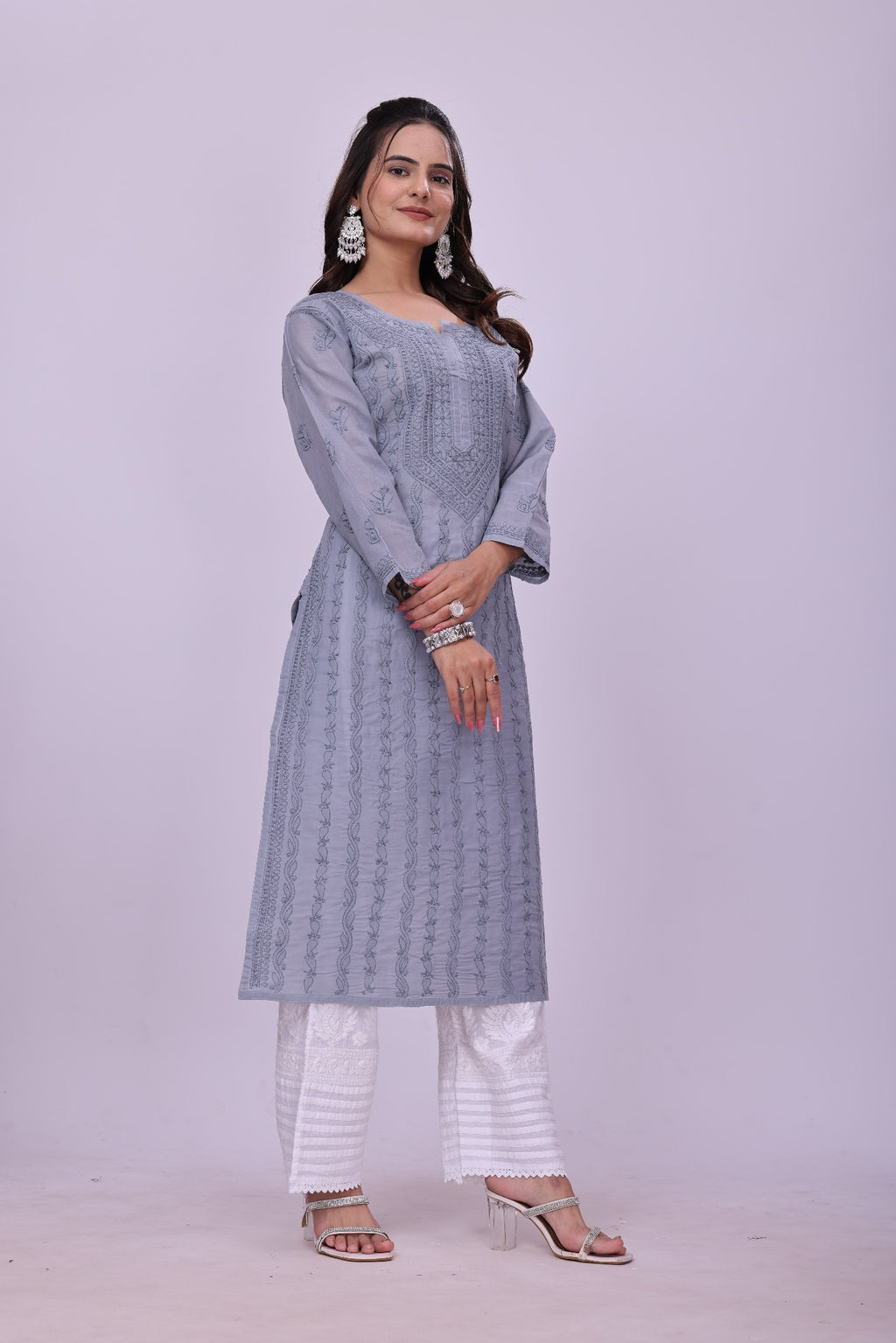 Karigiri Grey Chikankari Cotton Kurti for Women_KF0210