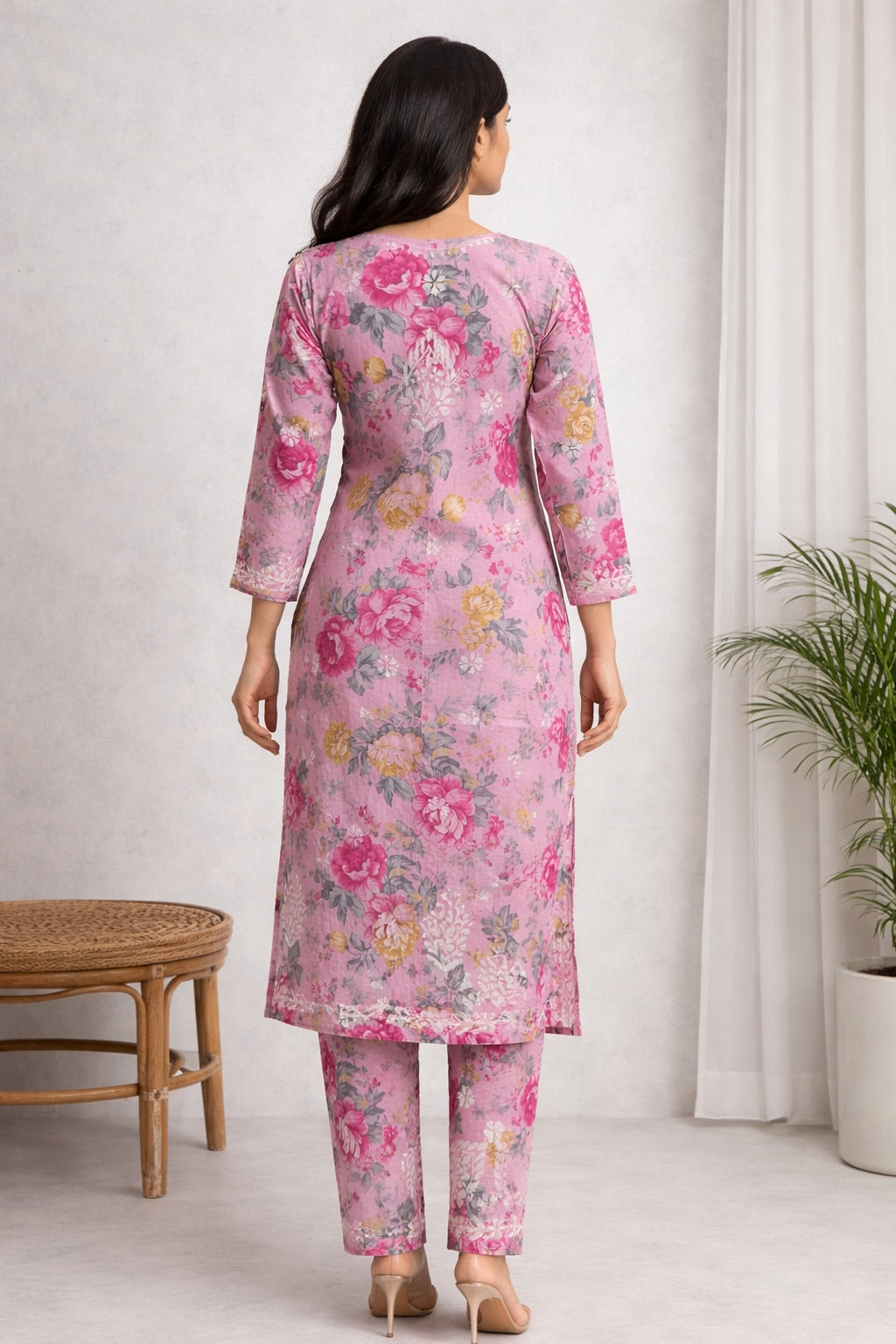 Karigiri Pink Floral Chikankari Printed Cotton Kurti Set_KF0147