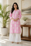 Karigiri Baby Pink Chikankari Mulmul Cotton Kurti_KF0005