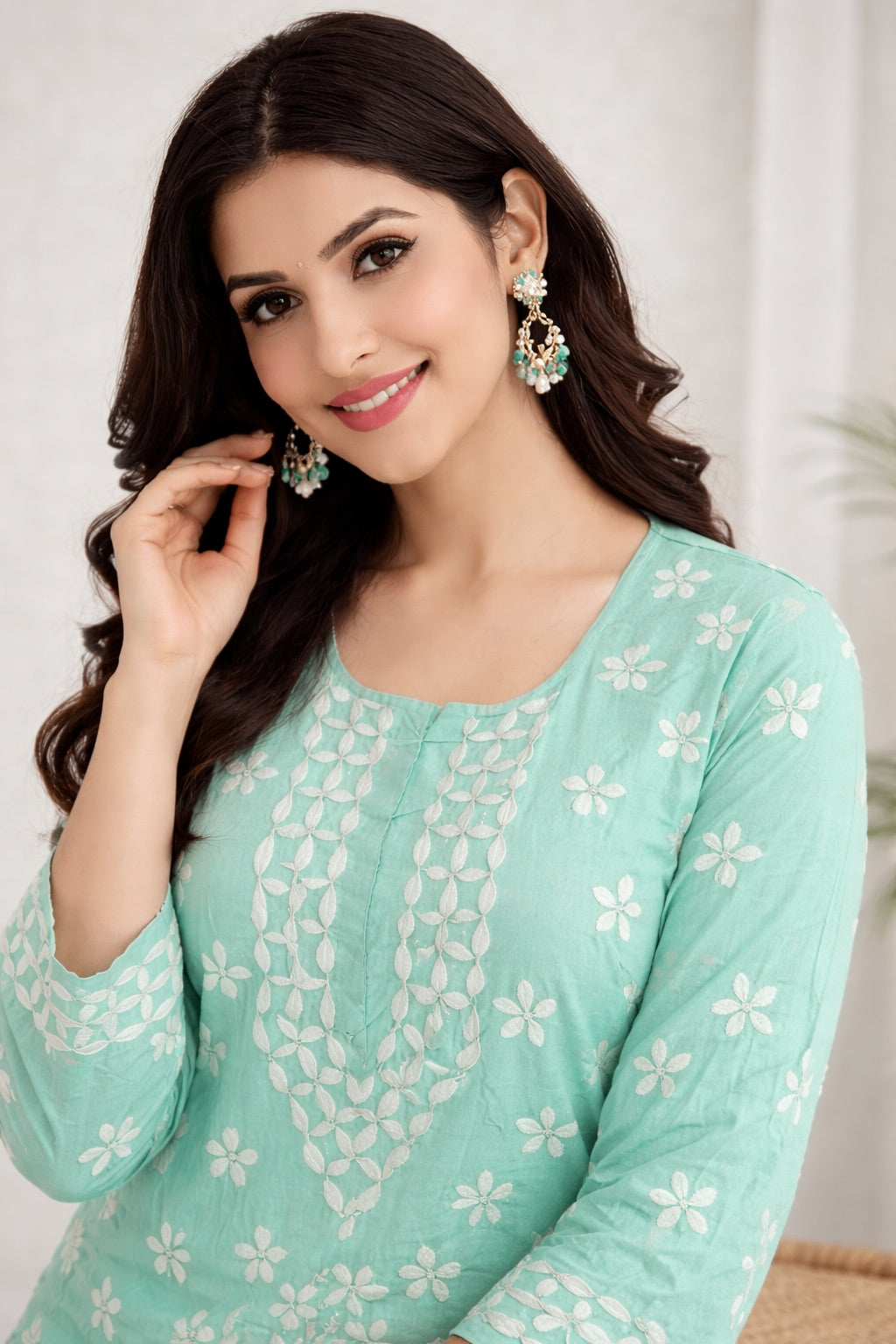 Karigiri Mint Green Chikankari Cotton Kurti Set_KF0126