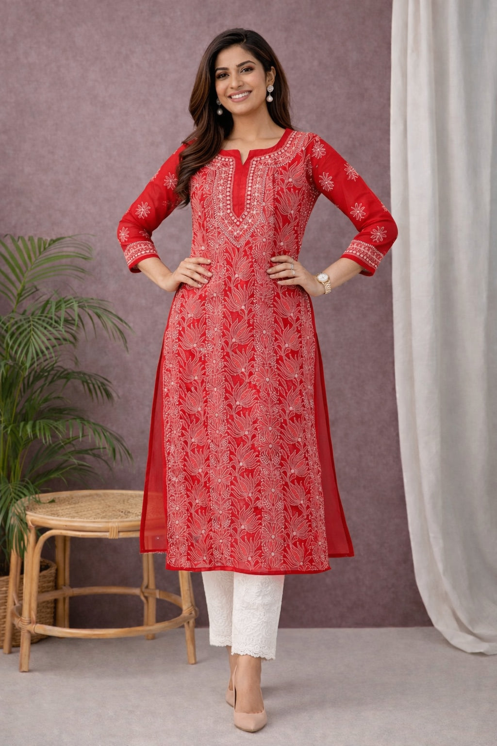 Karigiri Red Georgette Chikankari Jaaldar Kurti_KF0051