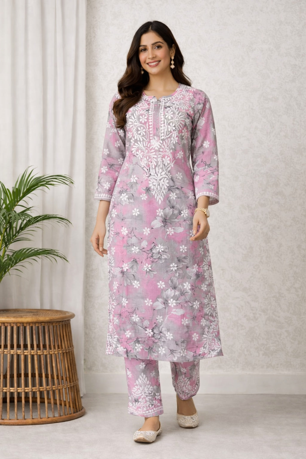 Karigiri Blush Pink Chikankari Cotton Kurti Set_KF0021