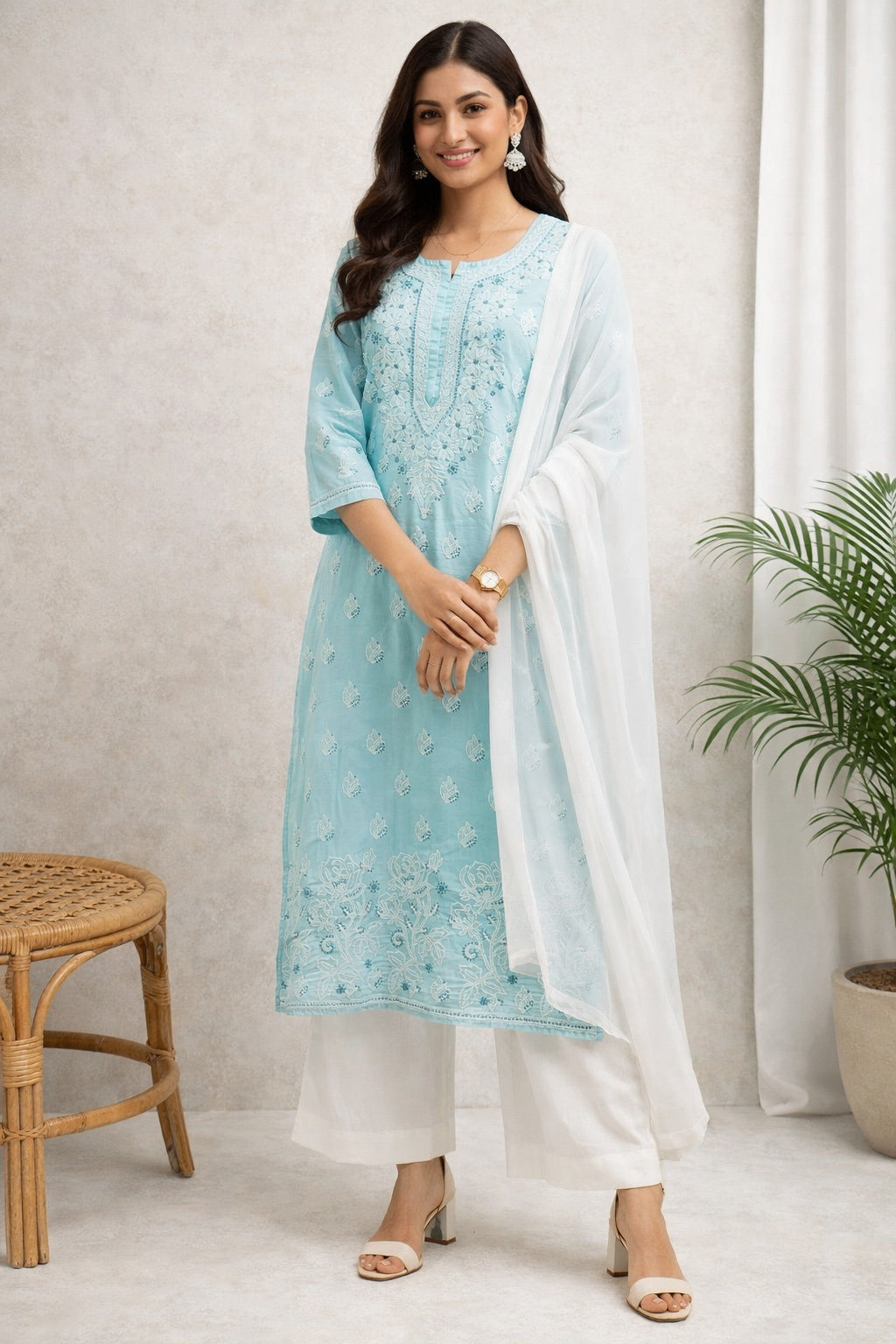 Karigiri Sky Blue Chikankari Cotton Kurti for Women_KF0184