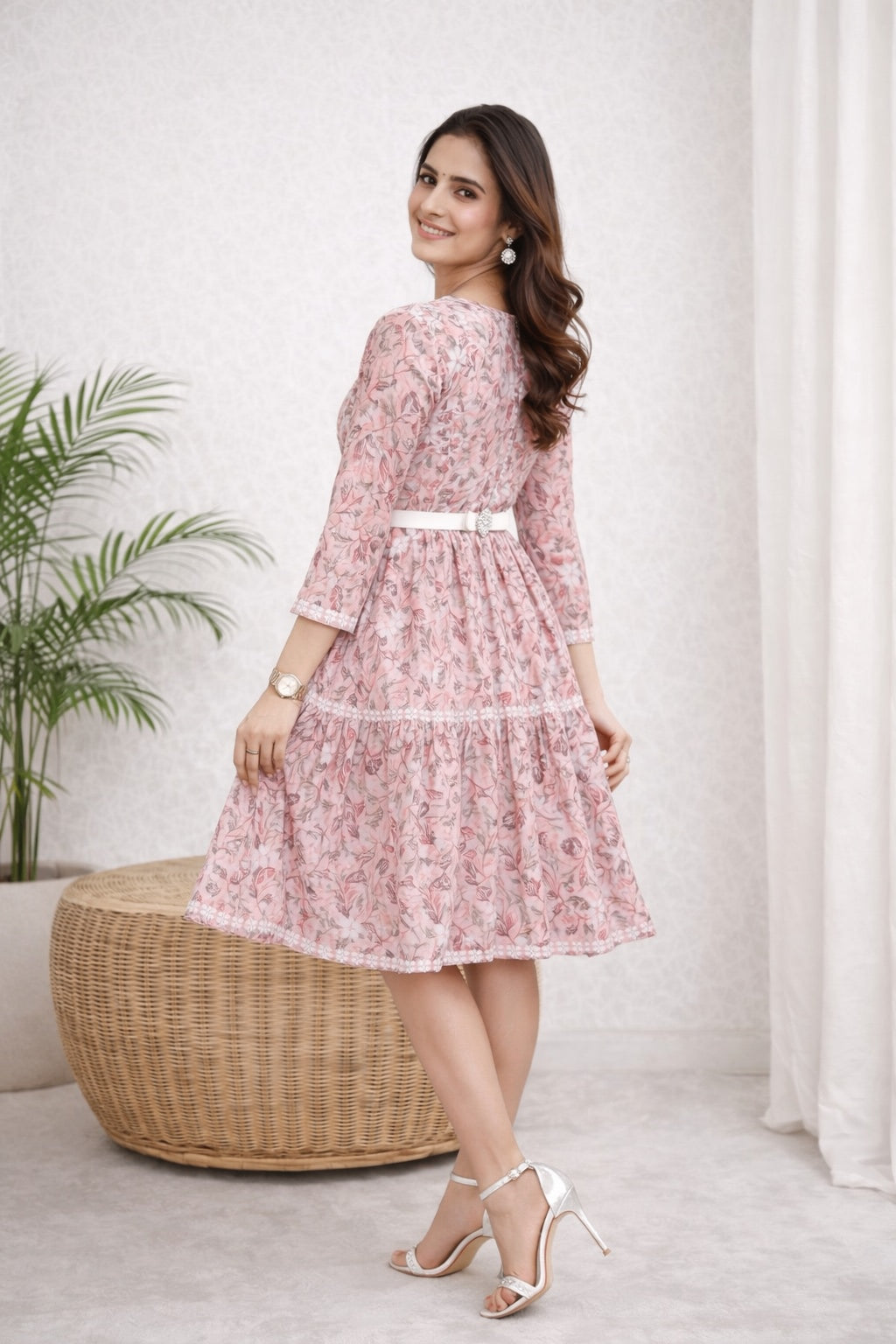 Karigiri Pink Lucknowi Chikankari Floral Printed Cotton Kurti_KF0212
