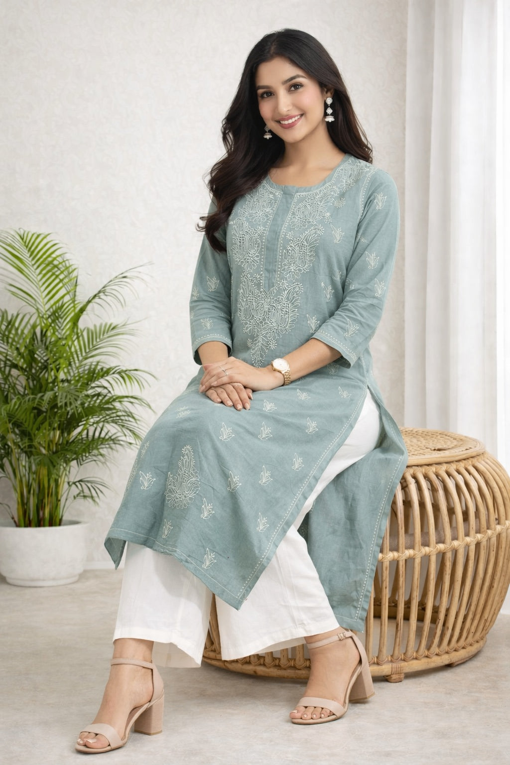 Karigiri Grey Chikankari Cotton Kurti Women_KF0042