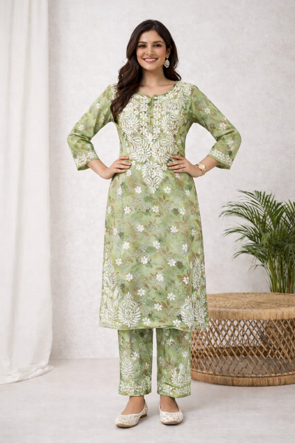 Karigiri Sage Green Floral Chikankari Printed Cotton Kurti Set_KF0167
