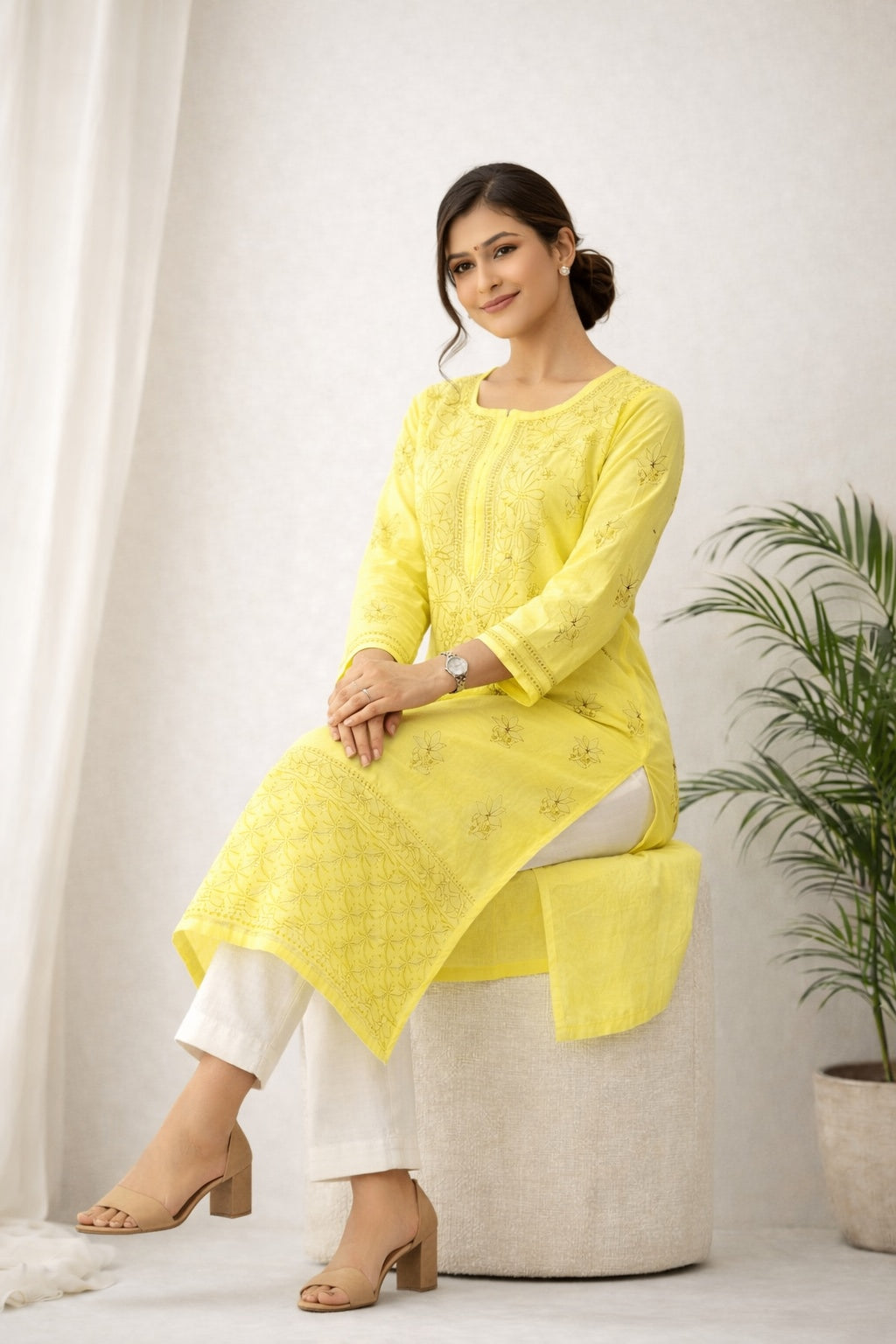 Karigiri Yellow Chikankari Cotton Kurti for Women_KF0095