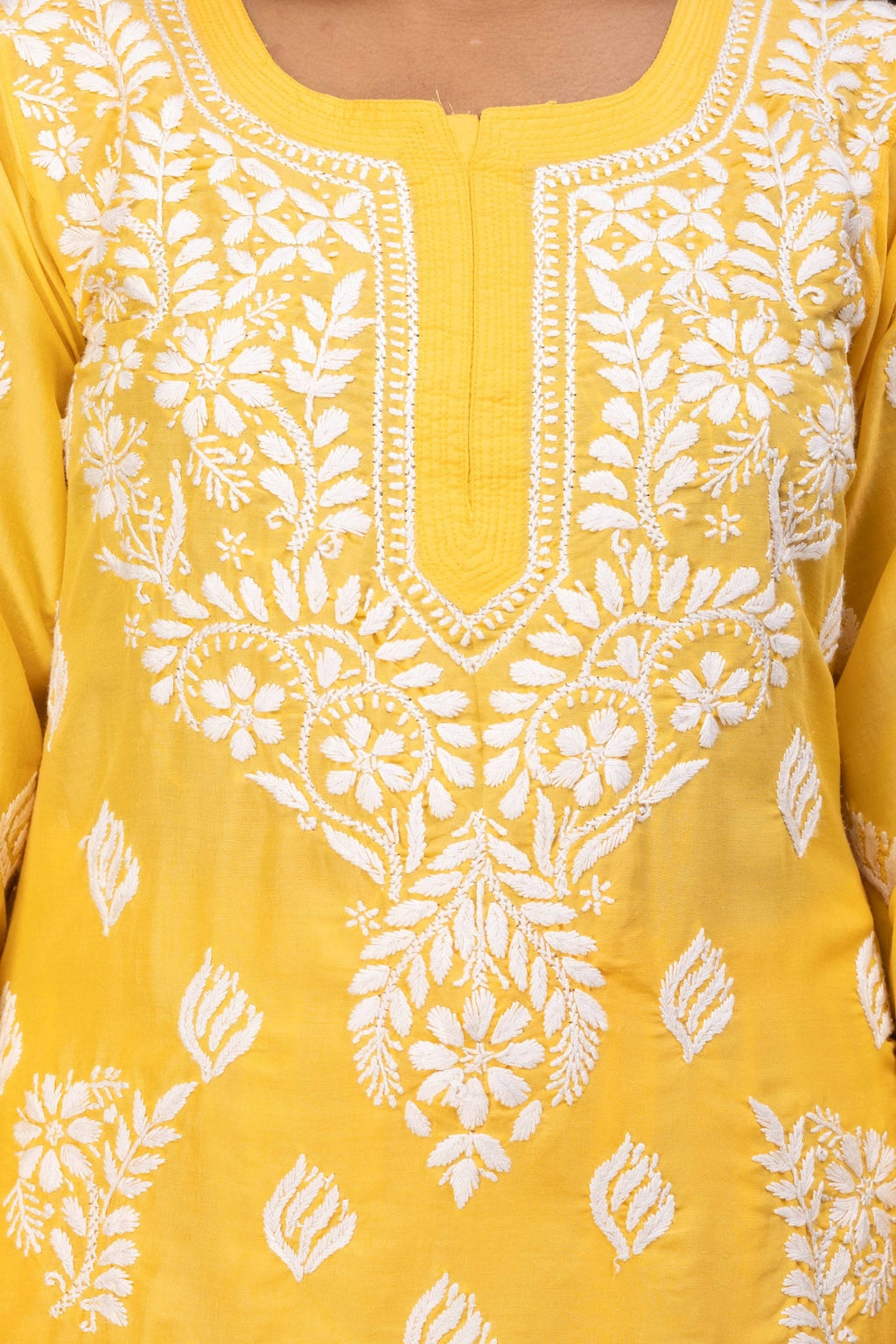 Karigiri Yellow Chikankari Hand Embroidered Muslin Kurti Set with White Floral Motifs, 3/4 Sleeves