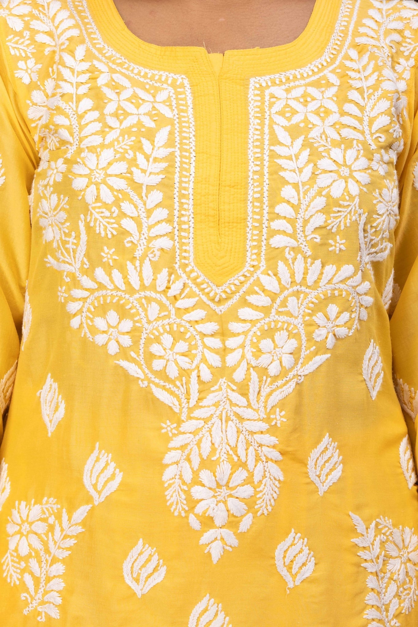 Karigiri Yellow Chikankari Hand Embroidered Muslin Kurti Set with White Floral Motifs, 3/4 Sleeves