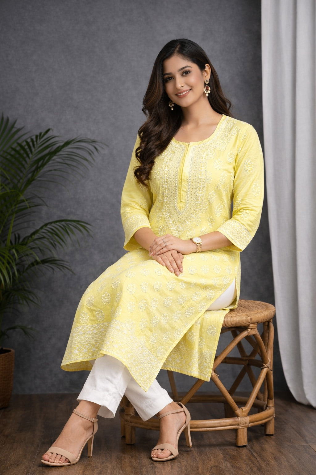 Karigiri Women’s Pure Soft Cotton Kurti, Lemon Yellow with Lucknowi Chikankari Embroidery, Straight Fit, Round Neck, 3/4 Sleeves