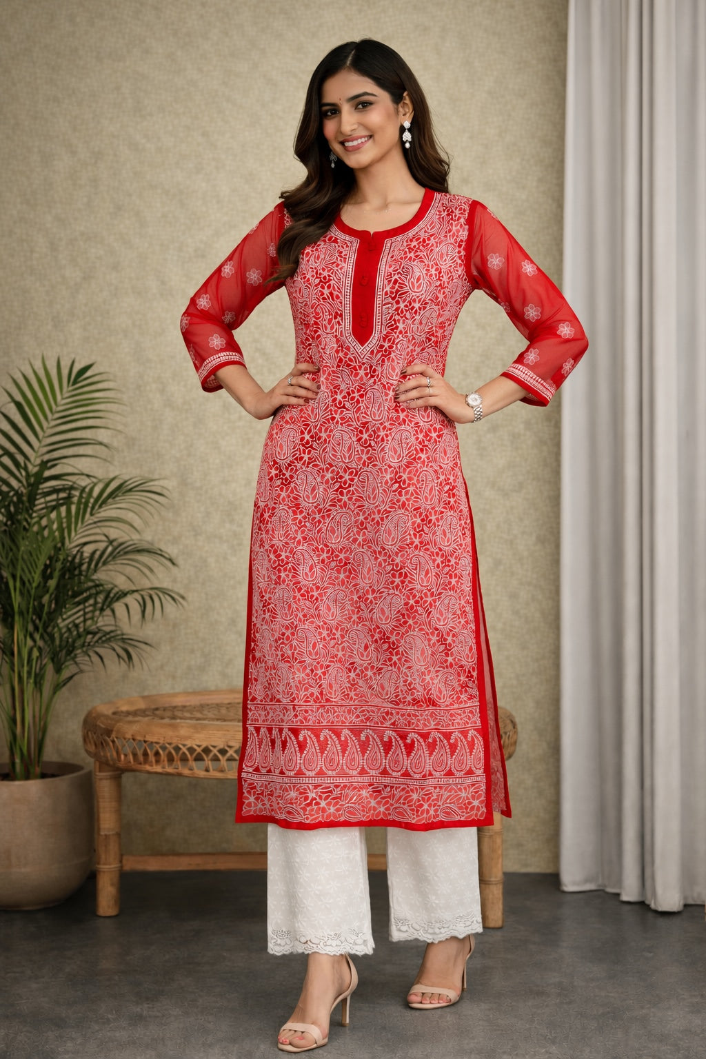 Karigiri Red Georgette Chikankari Kurti Jaaldar work_KF0172