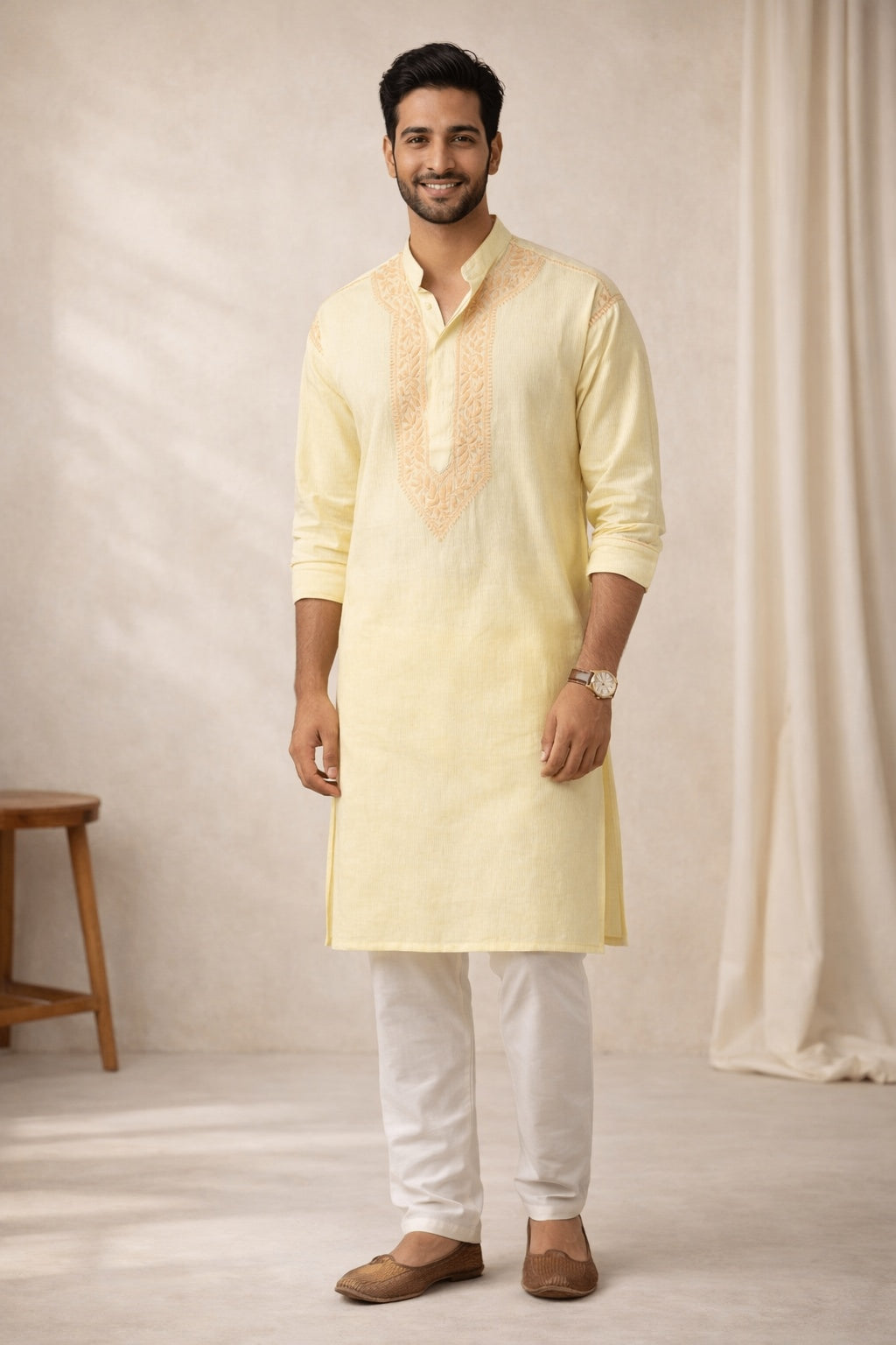 Karigiri Yellow Chikankari Cotton Men's Kurta Full Sleeve_KF0140