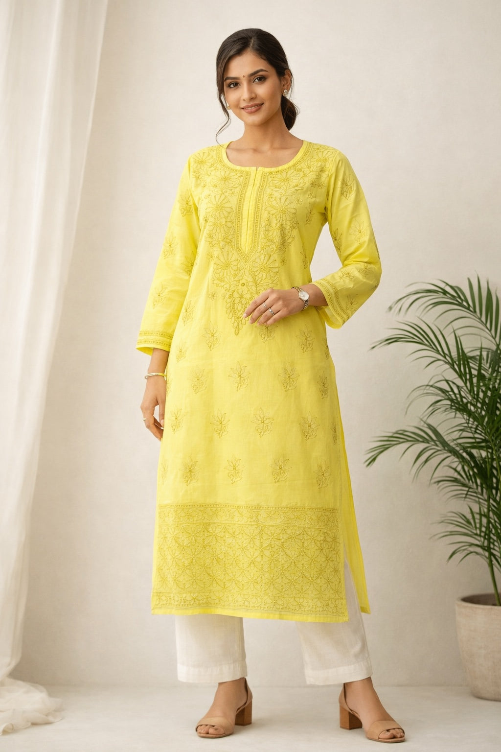 Karigiri Yellow Chikankari Cotton Kurti for Women_KF0095