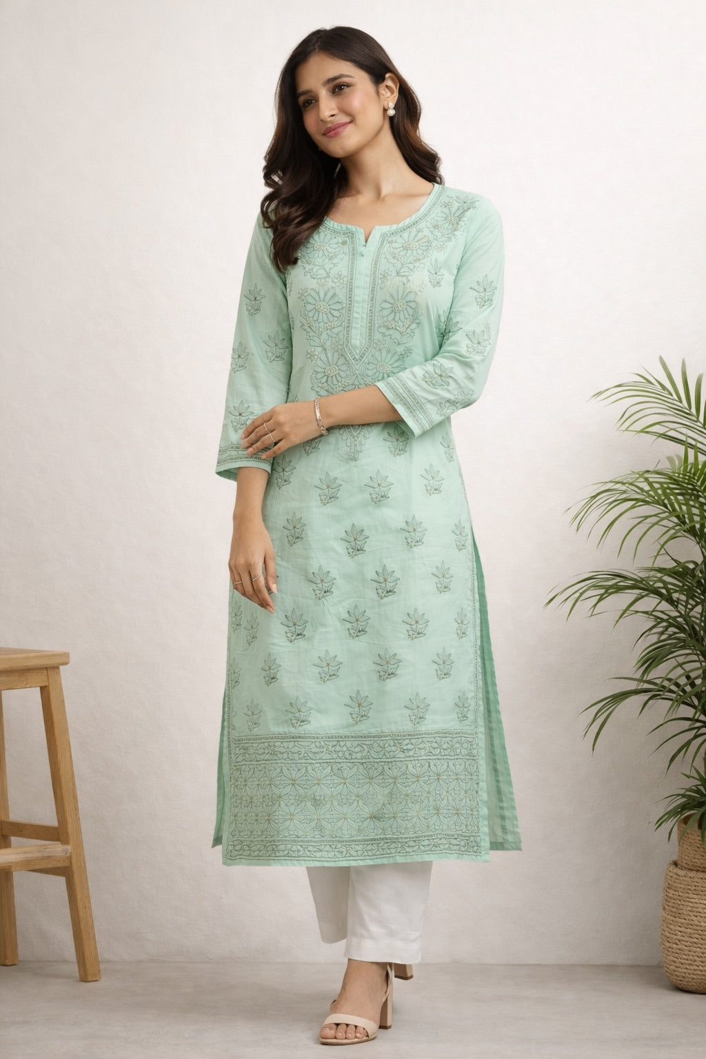 Karigiri Mint Green Chikankari Pure Cotton Kurti Women_KF0090